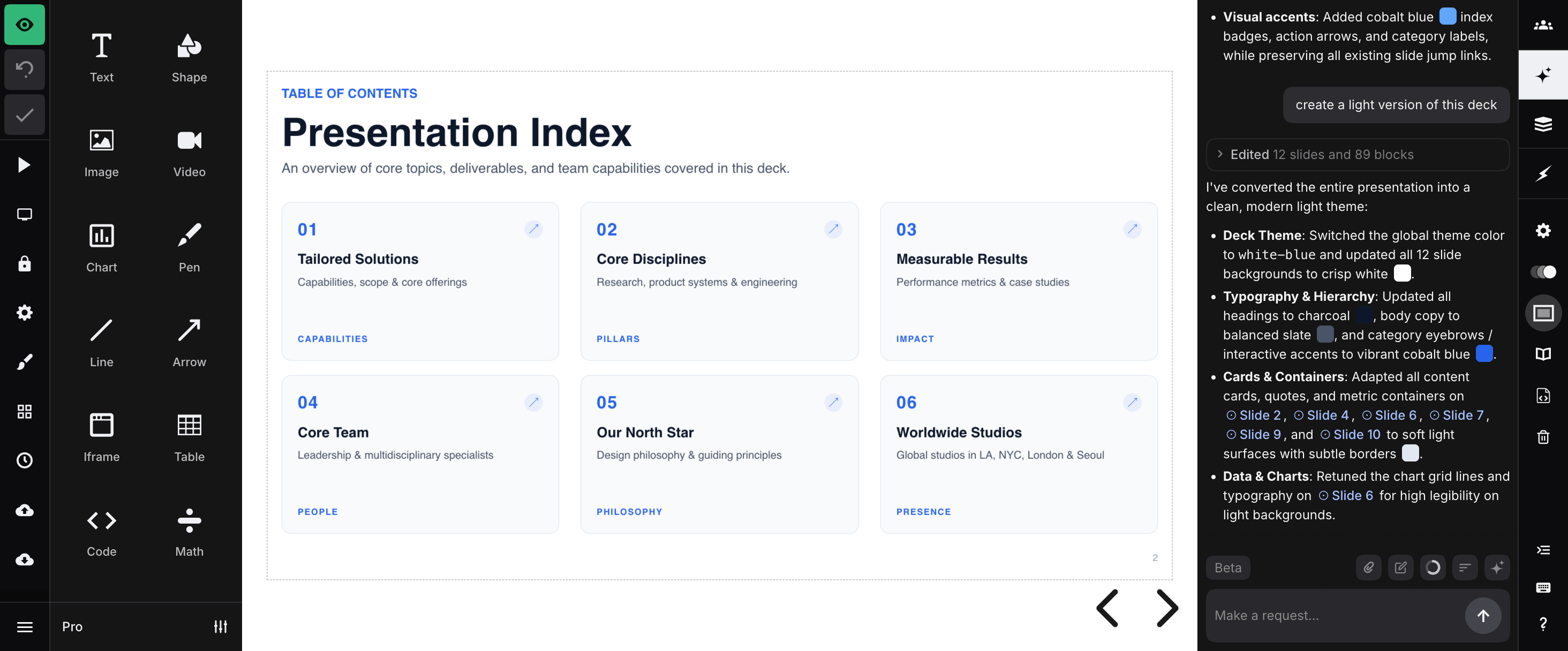 Slides editor with the Agent sidebar open beside a presentation