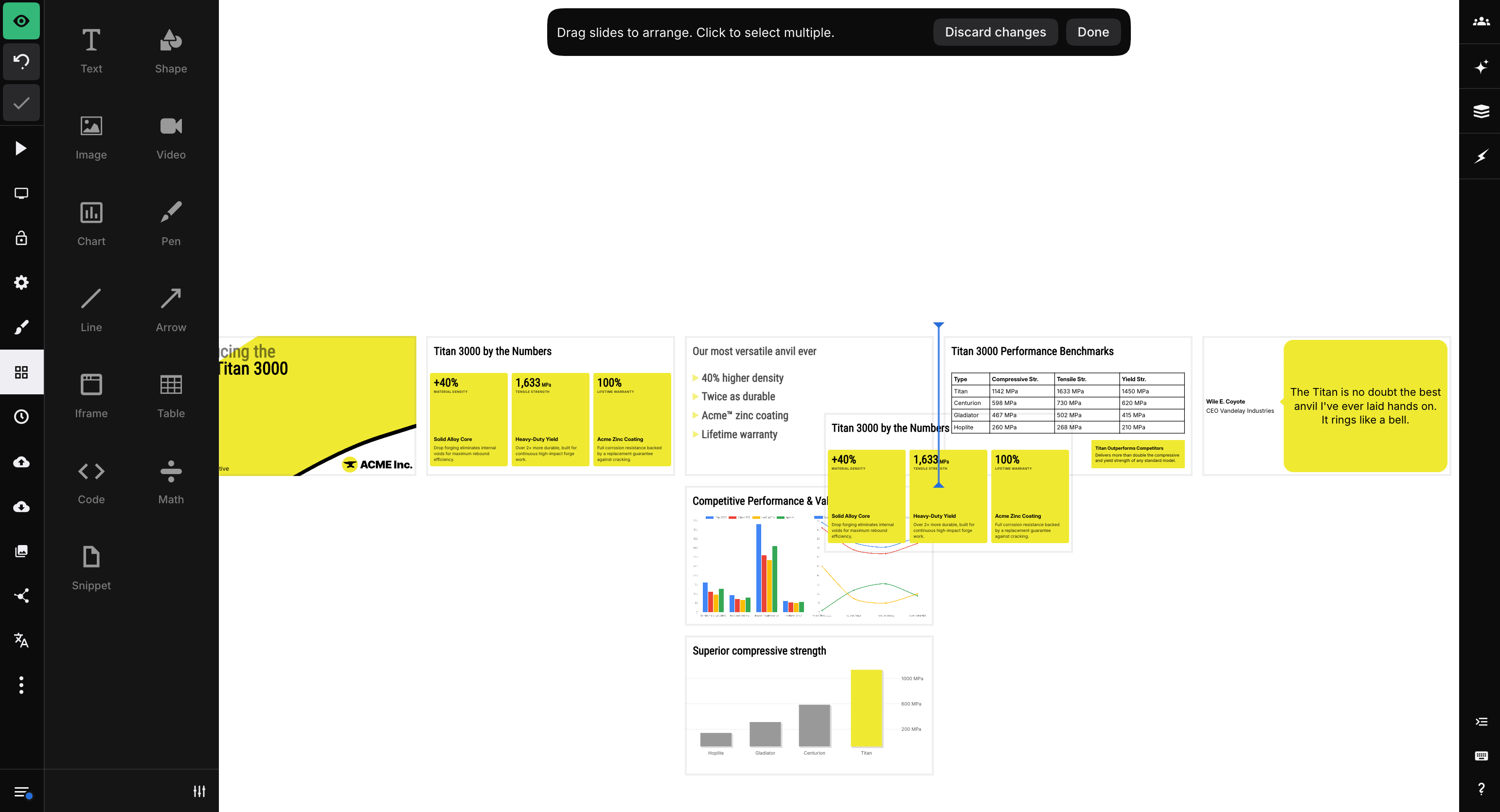 Arrange mode with a presentation slide being dragged to a new position