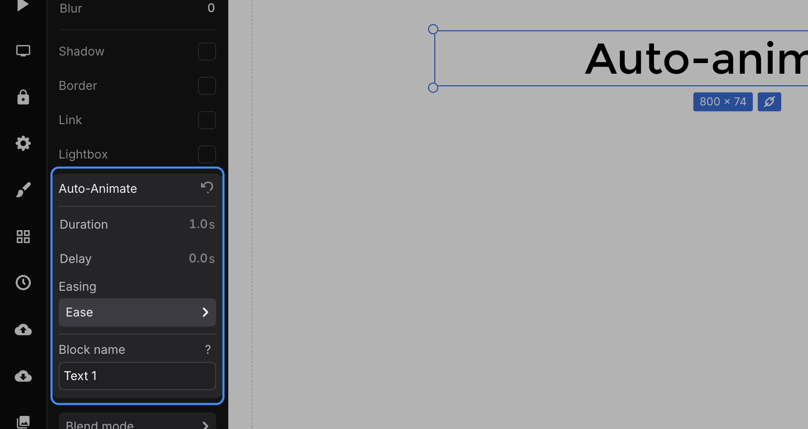 Auto-animate toolbar panel highlighted, showing duration, delay, easing, and block name for the selected text block