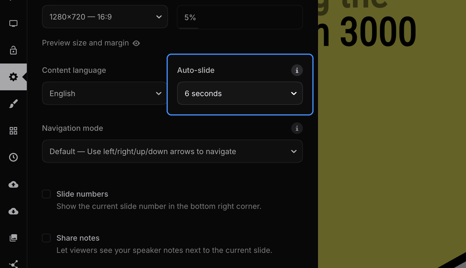 Auto-slide and loop settings in the editor