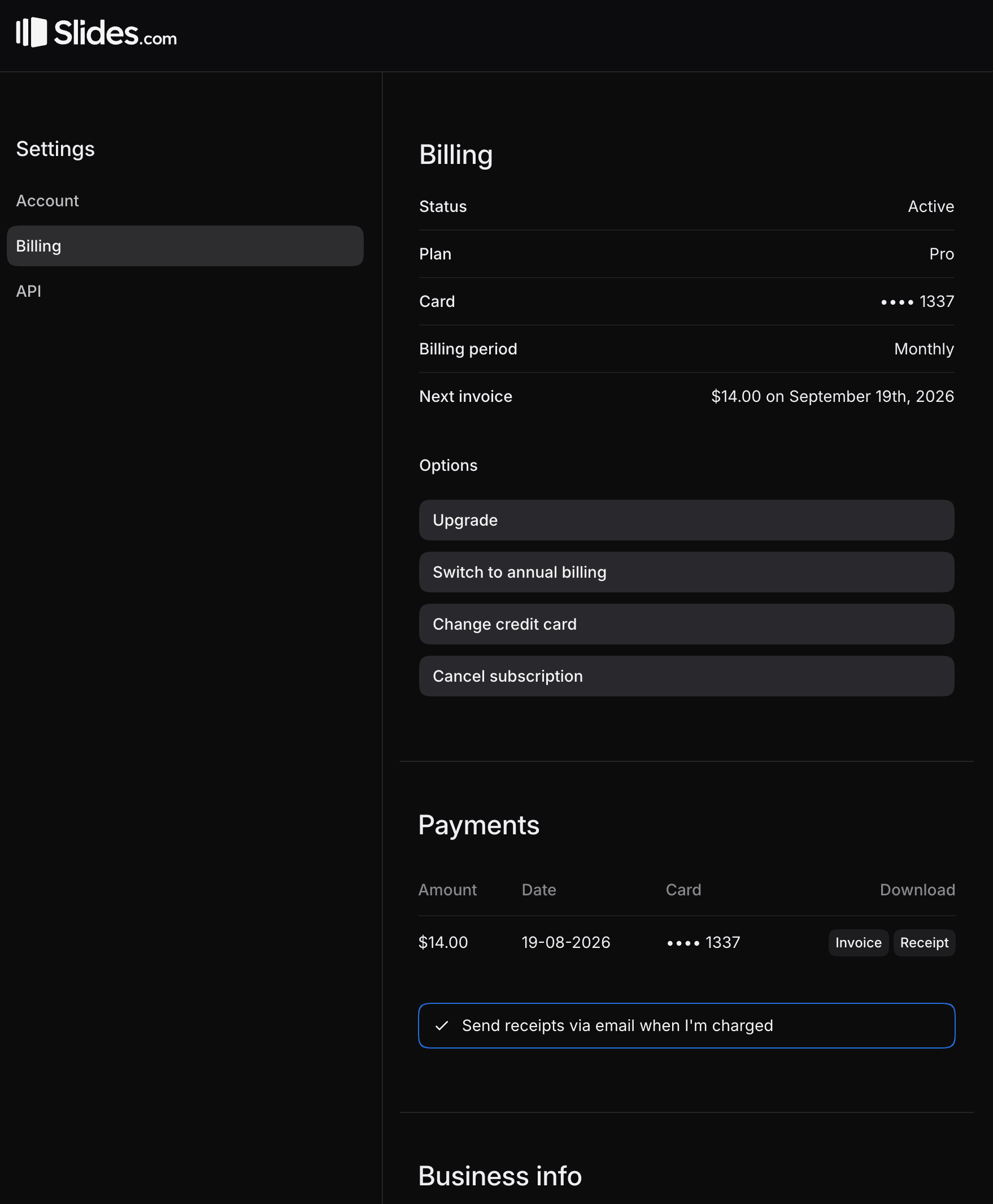 Billing details page with subscription, payment, and business information