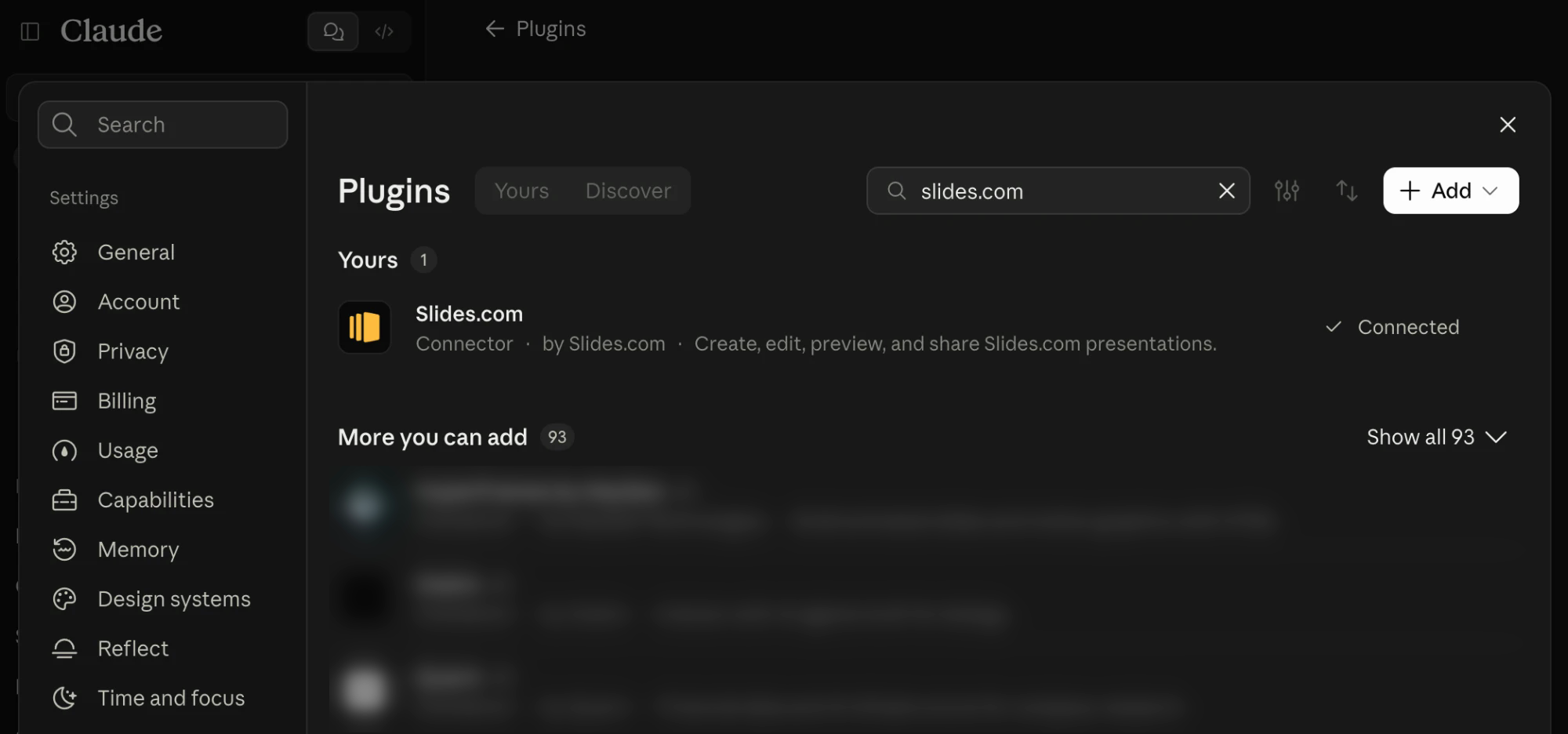 Claude's Plugins settings with slides.com in the search field and the Slides.com connector in the results