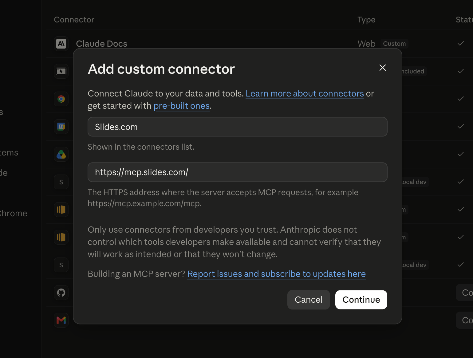 Claude's Add custom connector dialog with Slides.com as the name and https://mcp.slides.com/ as the URL