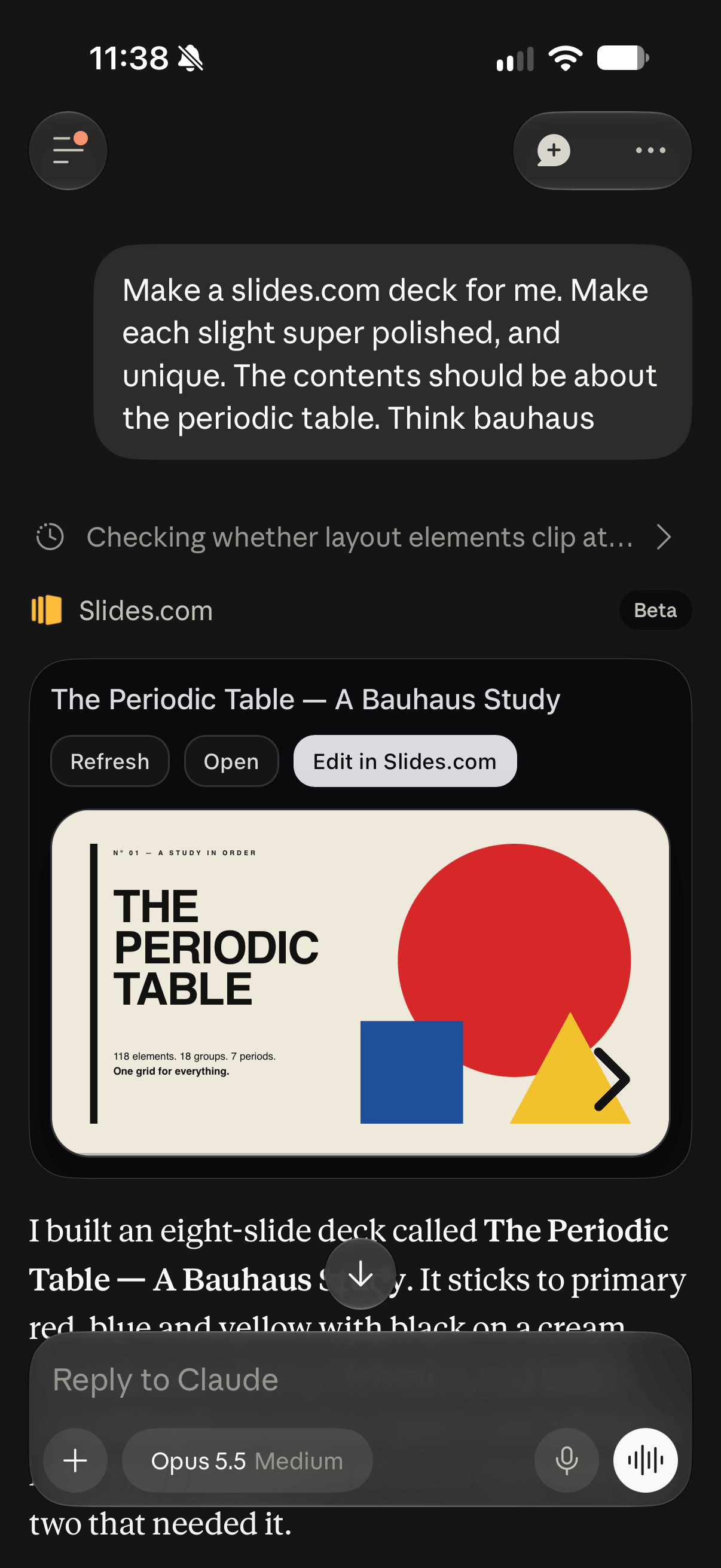 Claude mobile conversation showing a request for a Bauhaus-style periodic table presentation and the resulting Slides deck preview
