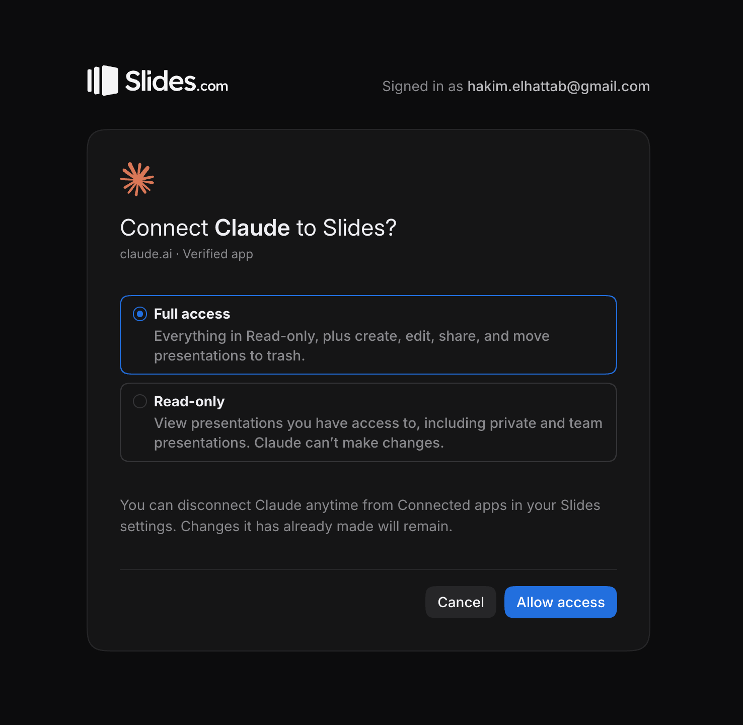 Slides consent screen for Claude, showing Full access selected, the Read-only option, and the Allow access button