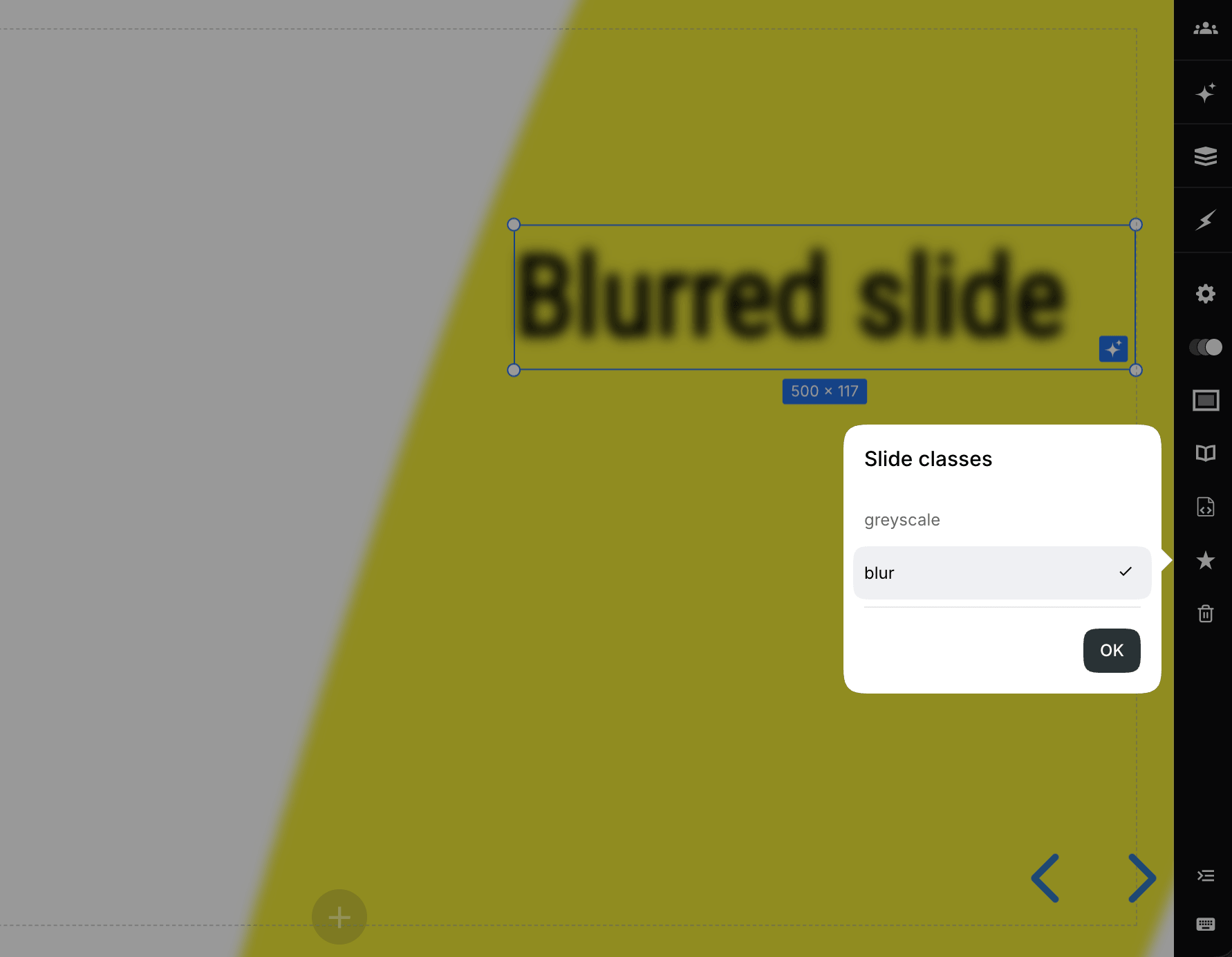 Slide classes popup with a custom blur class selected