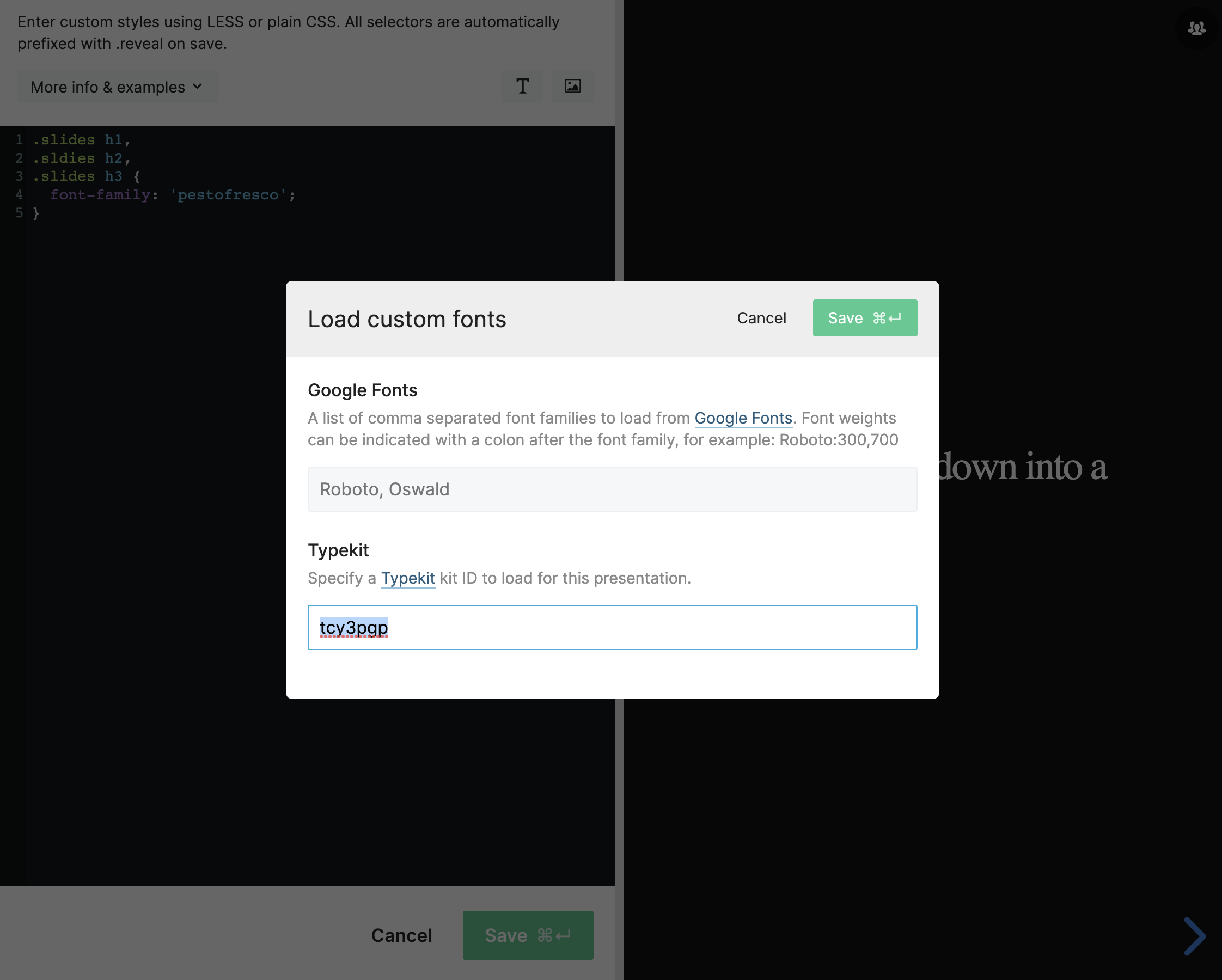 Adobe Fonts project ID field in Slides
