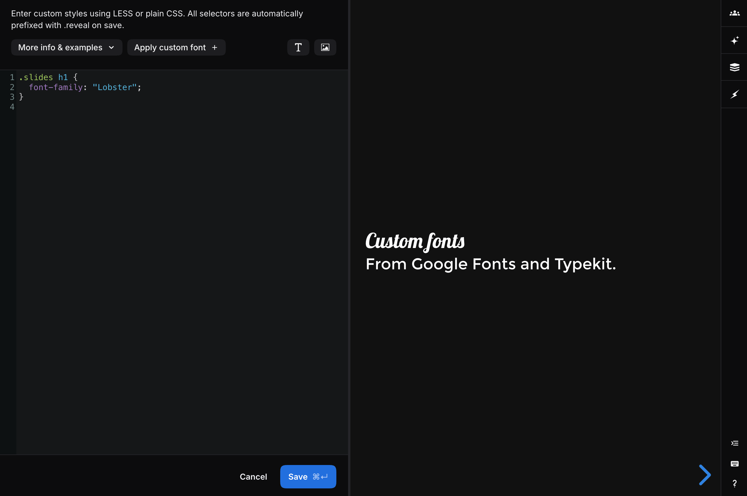 Lobster applied to the presentation heading with its CSS visible in the editor