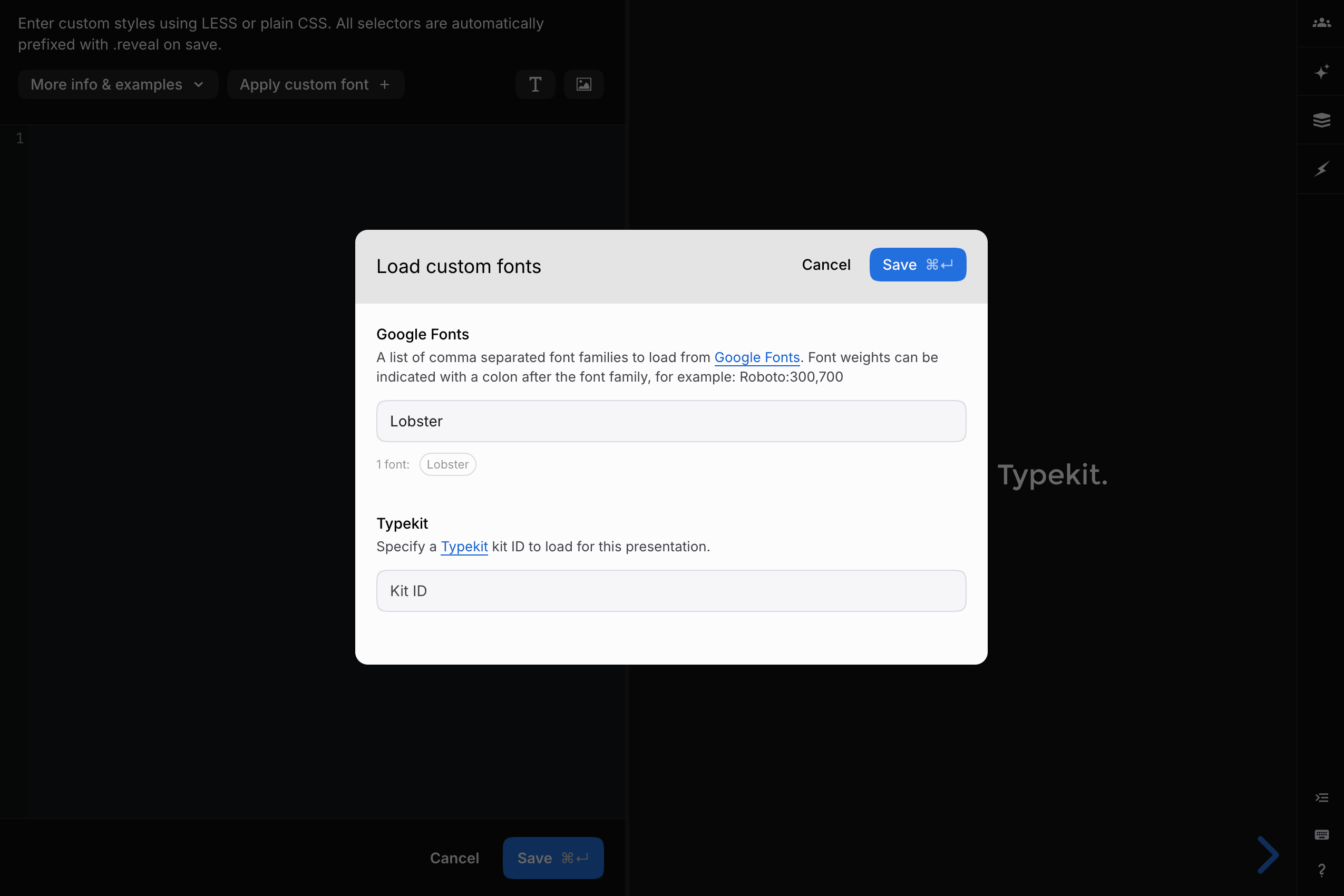 Load custom fonts dialog with Lobster entered as a Google Font