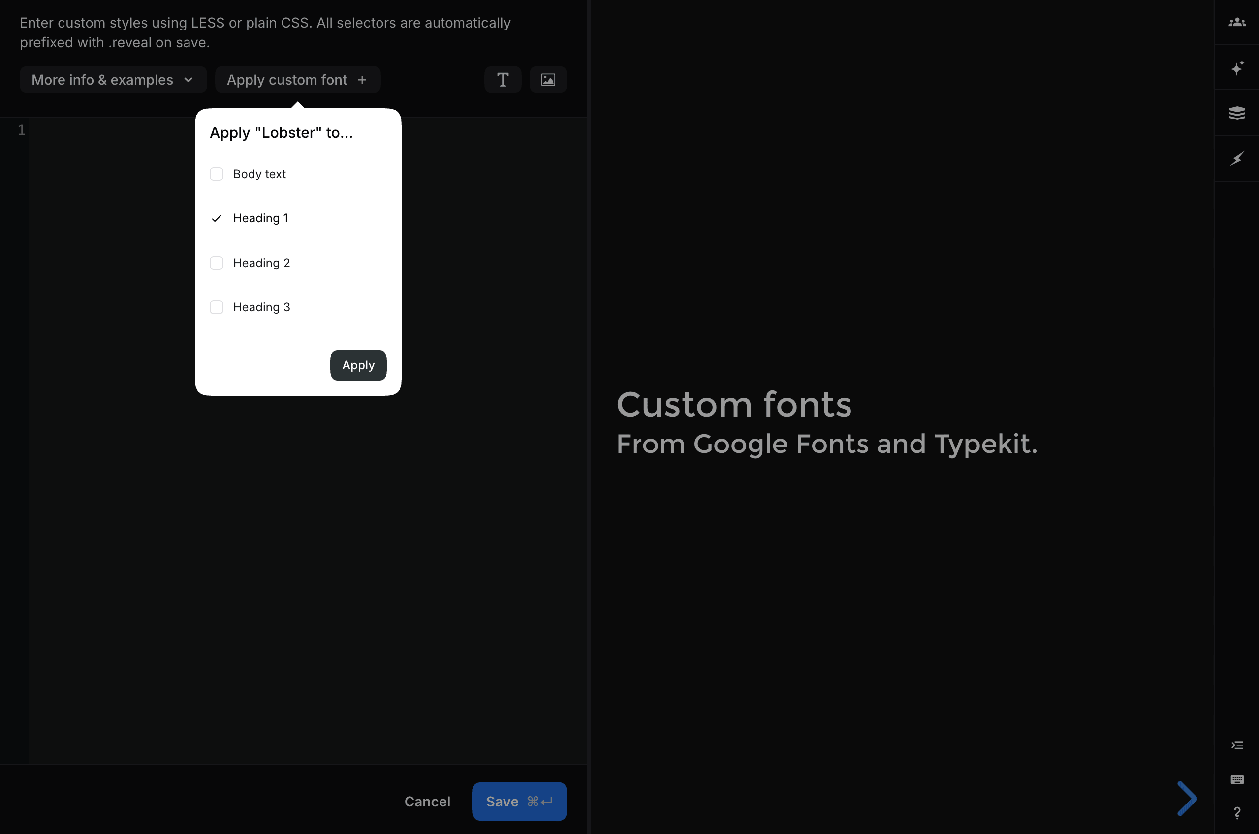 Options for applying the Lobster font to body text or heading levels