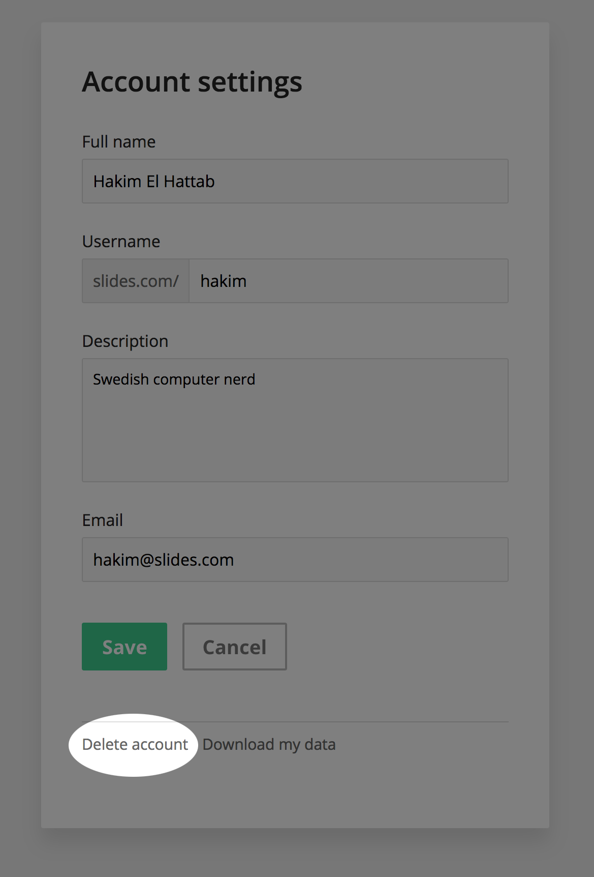 Delete account button at the bottom of account settings