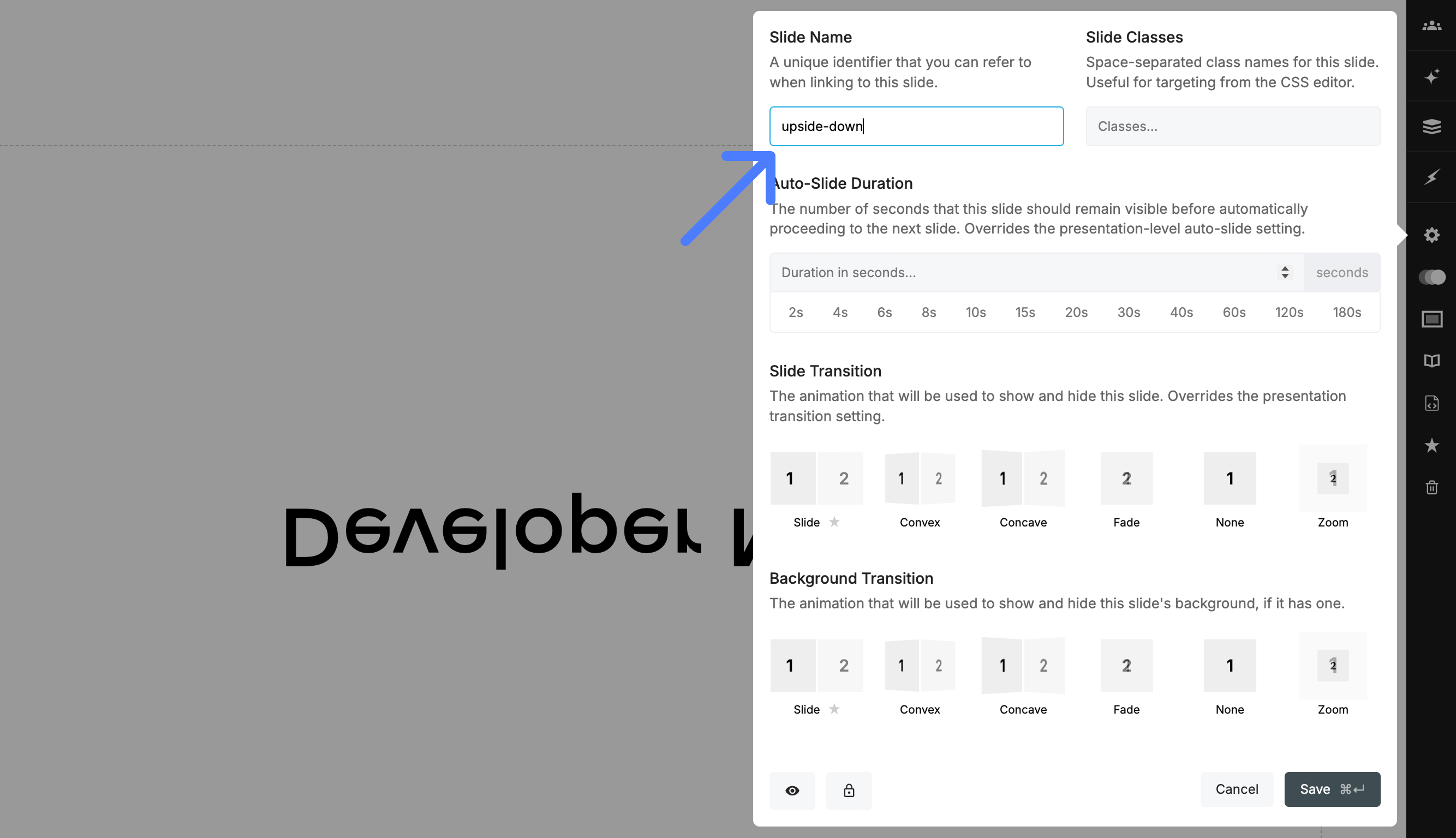 Custom class name applied to a slide