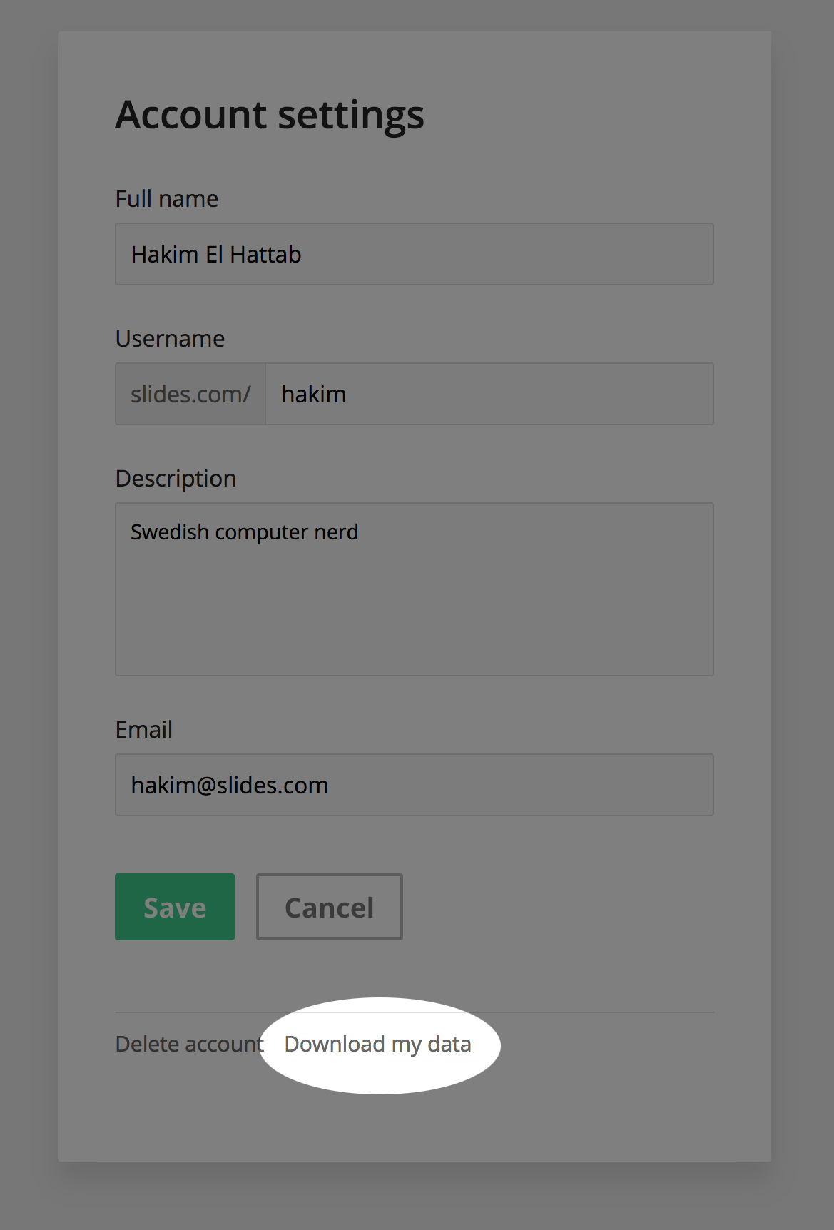 Download my data button at the bottom of account settings