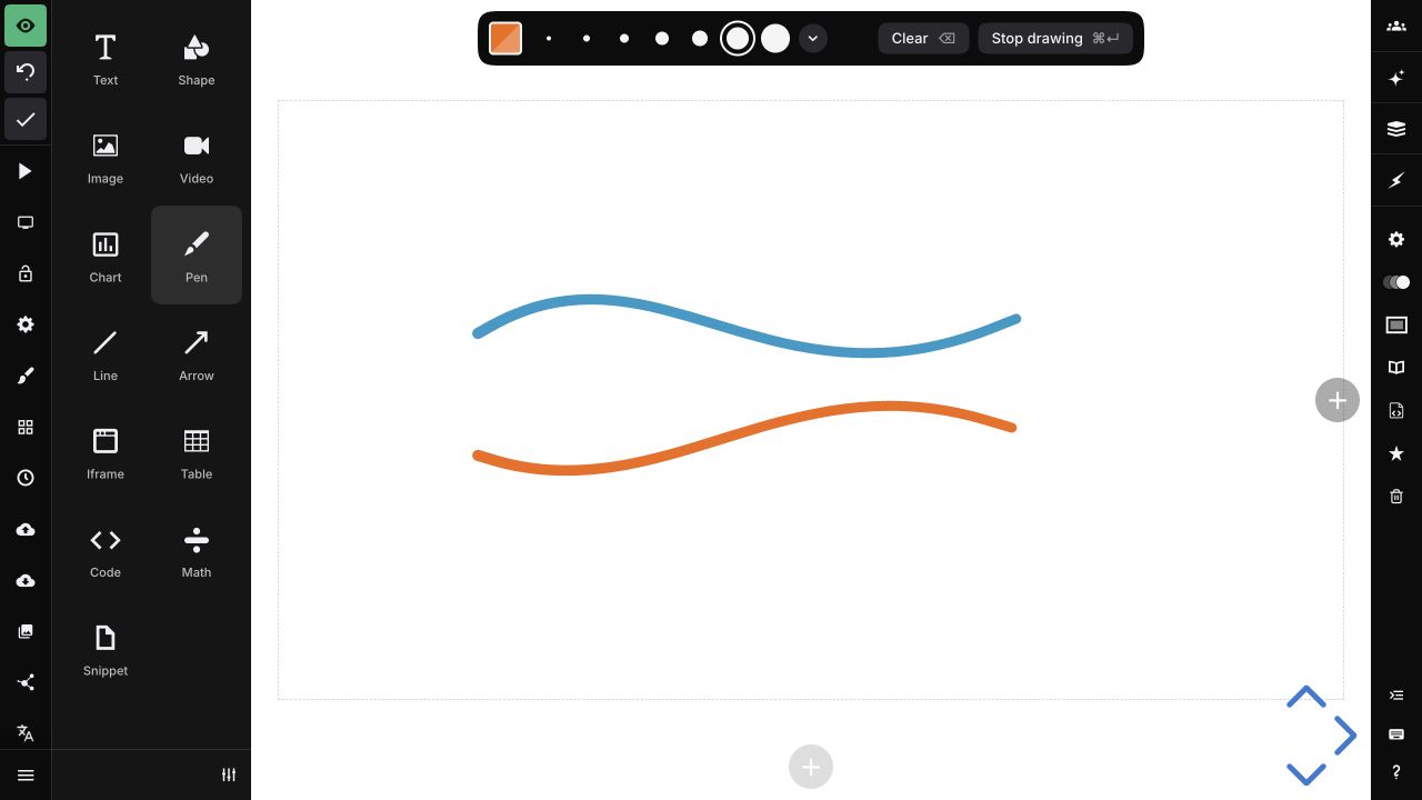 Blue and orange freehand curves with the drawing color and thickness controls visible