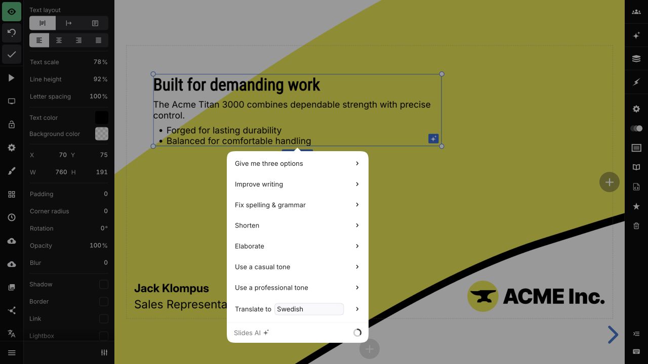 The Edit with AI menu open below a selected text block