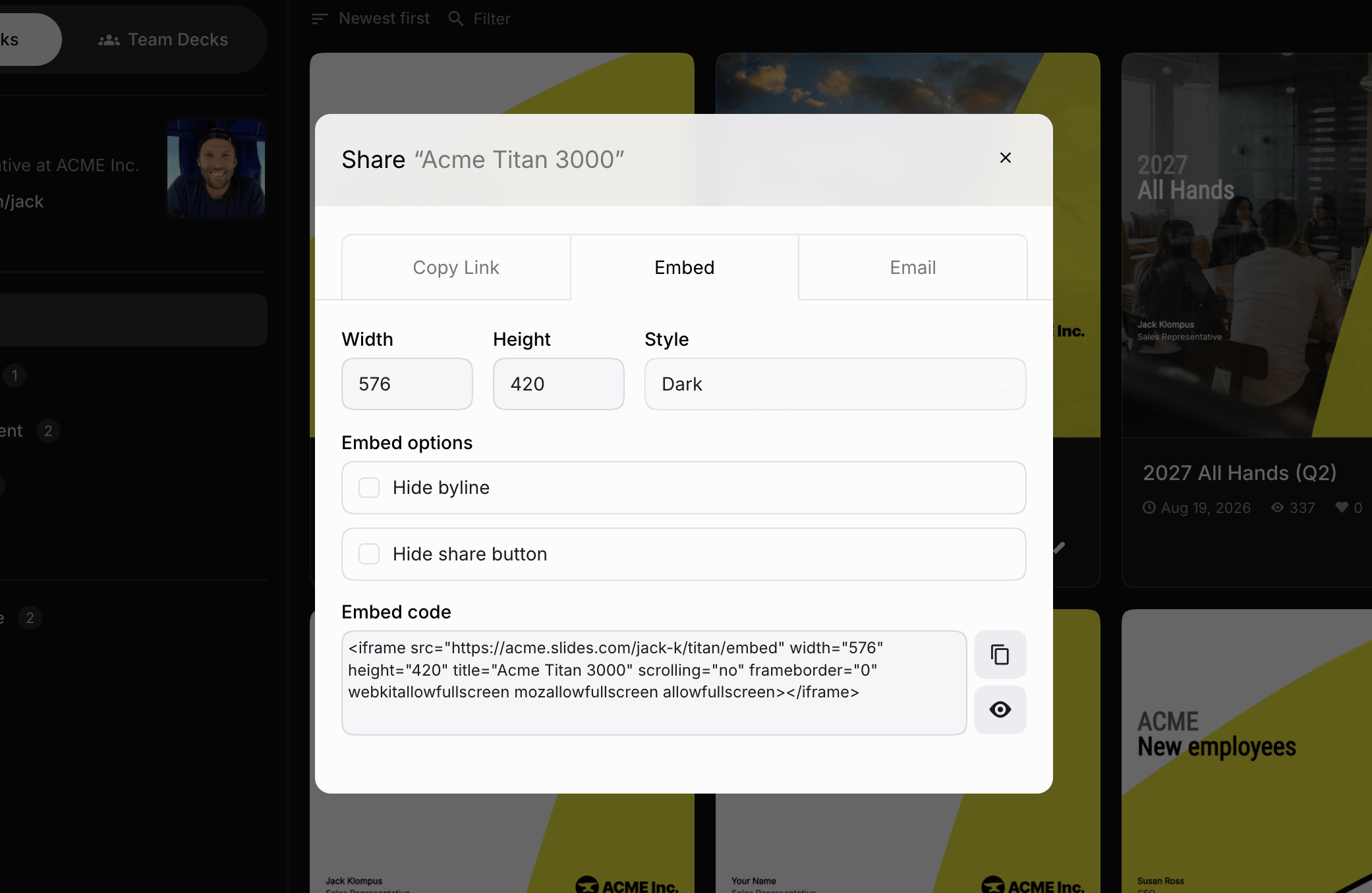 Embed tab with presentation dimensions, options, and generated code