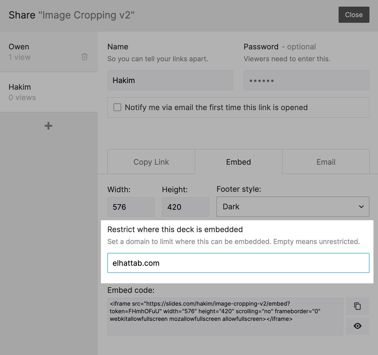 Allowed website field for a private embed