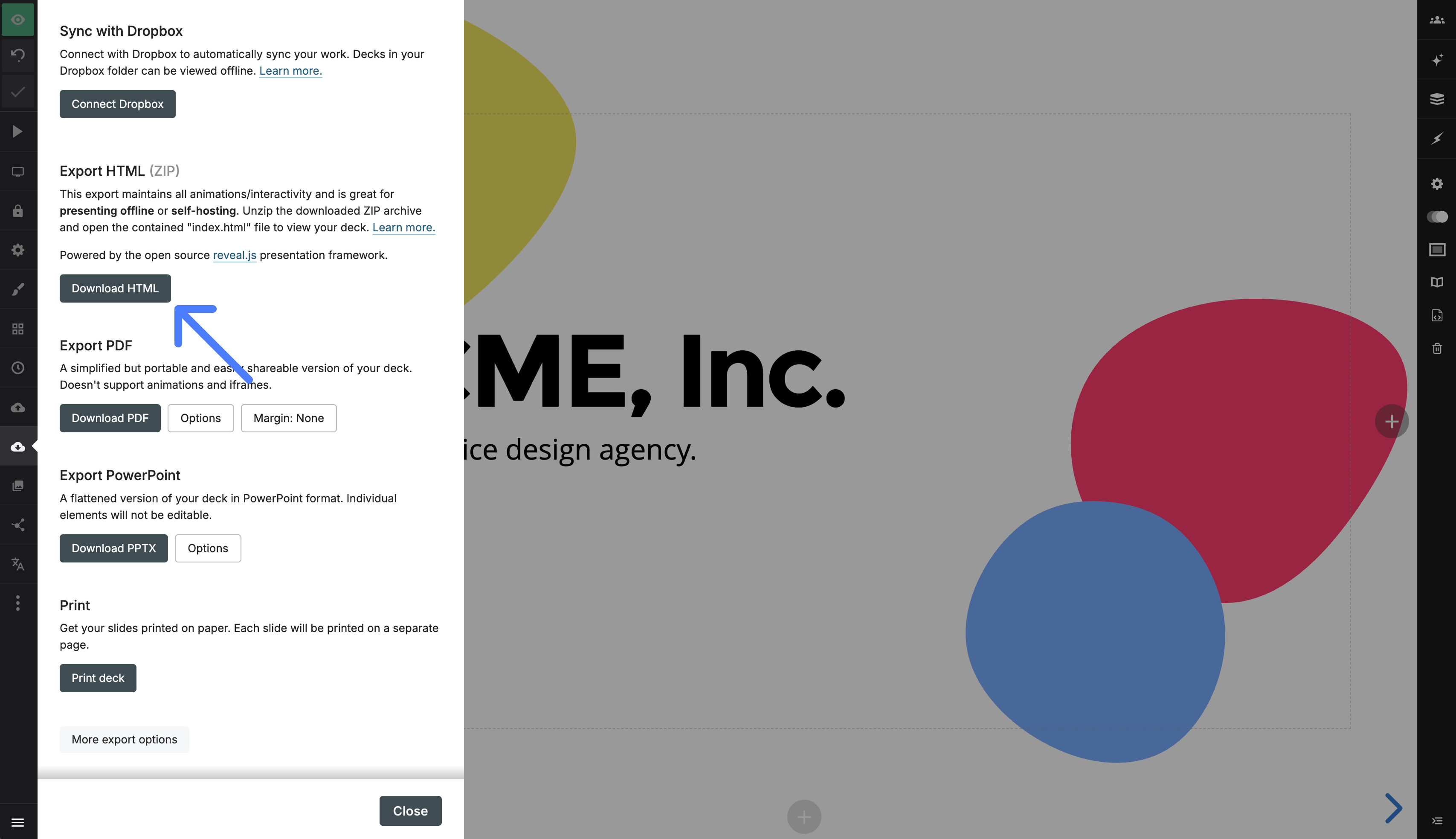 Download HTML option in the Export panel