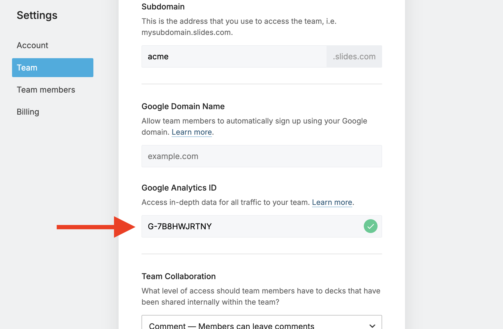 Measurement ID field in Slides account settings
