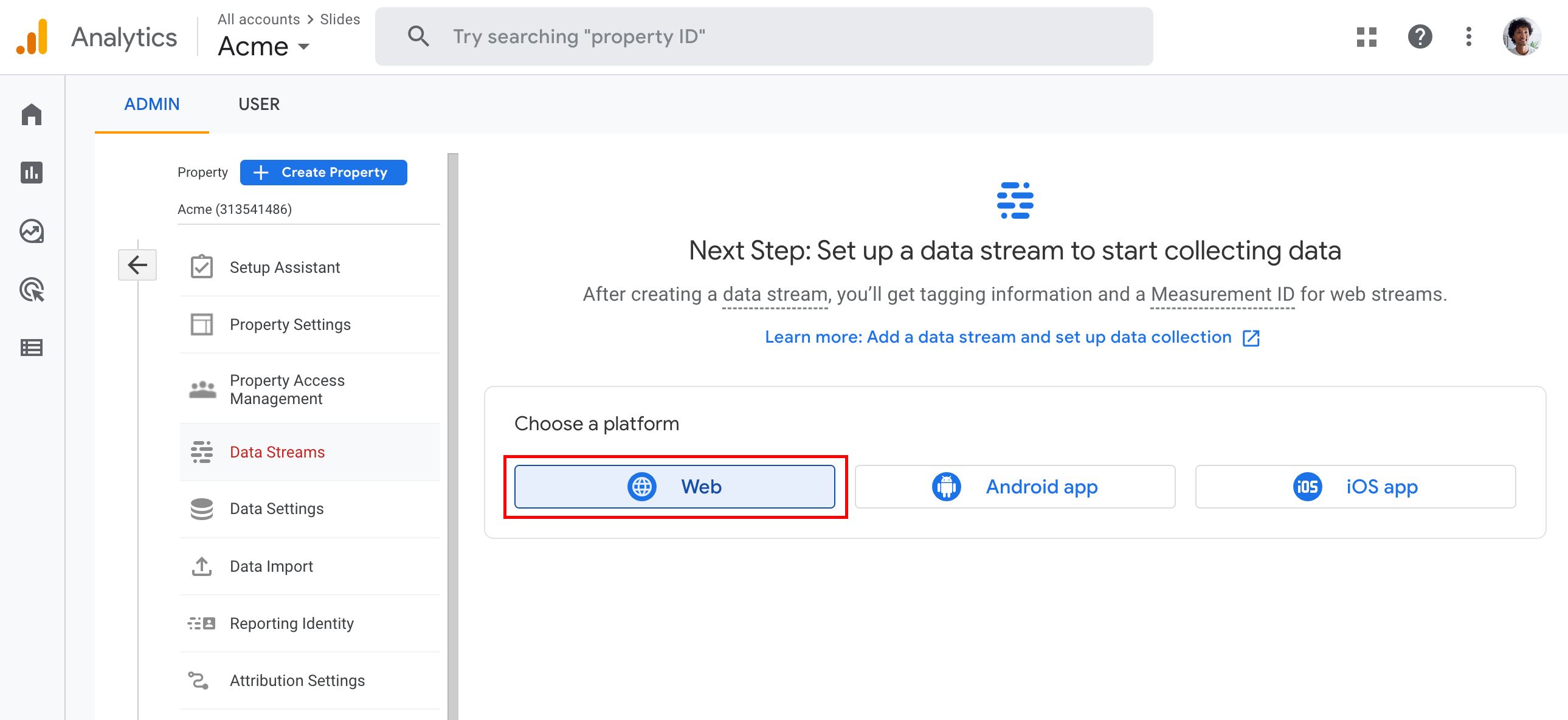 Creating a web data stream in Google Analytics