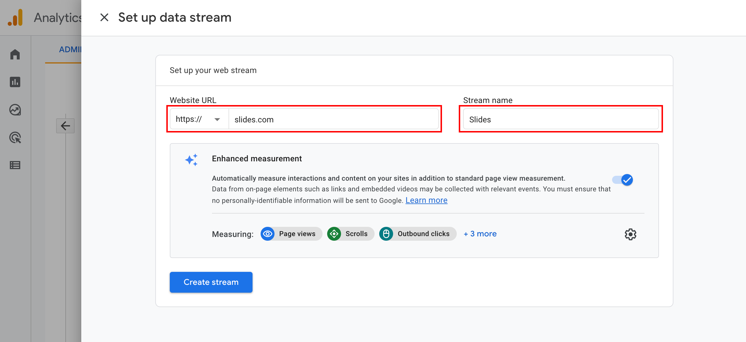 Entering the Slides website URL and a stream name