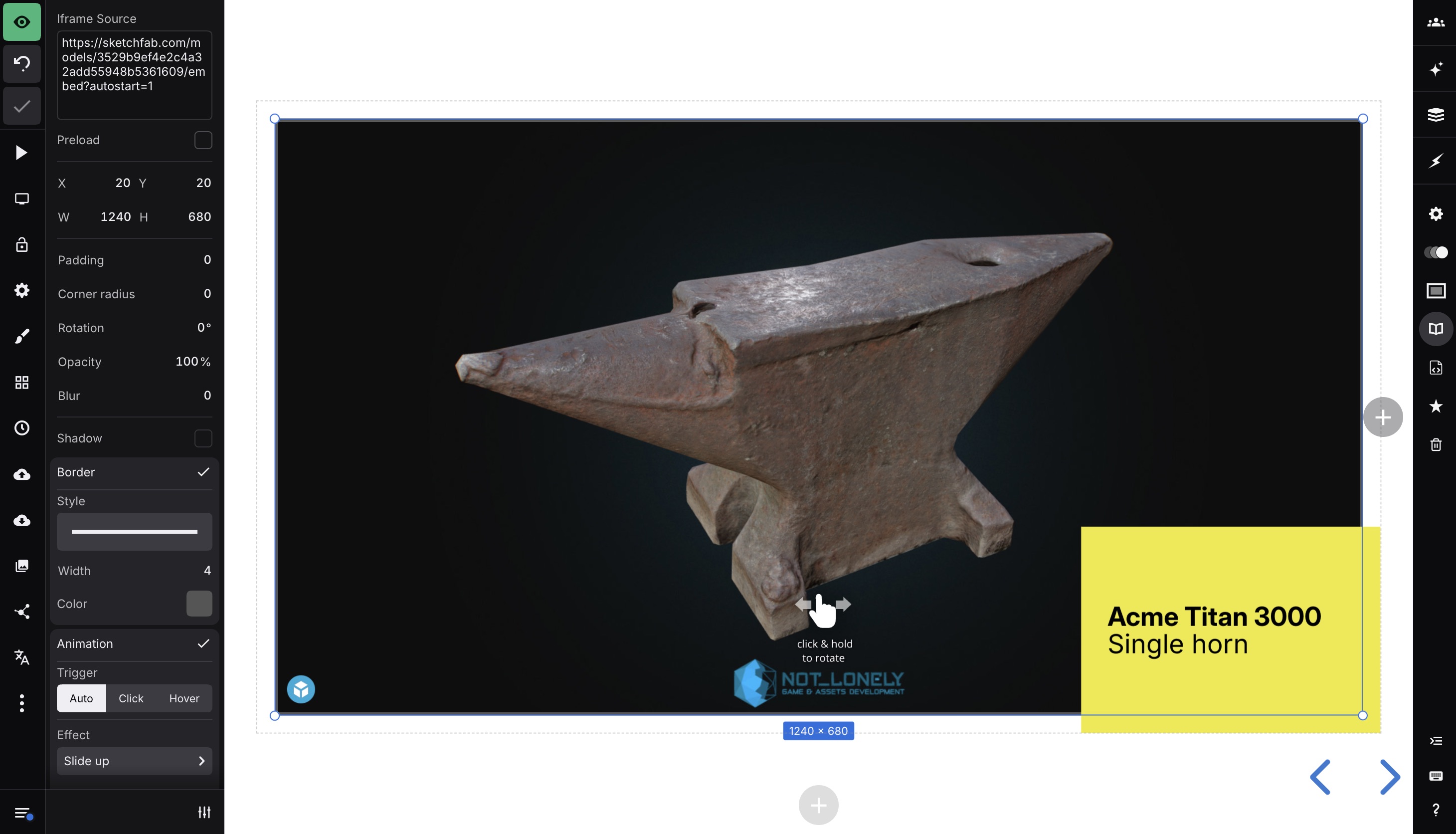 Selected iframe block displaying an interactive 3D model in the Slides editor