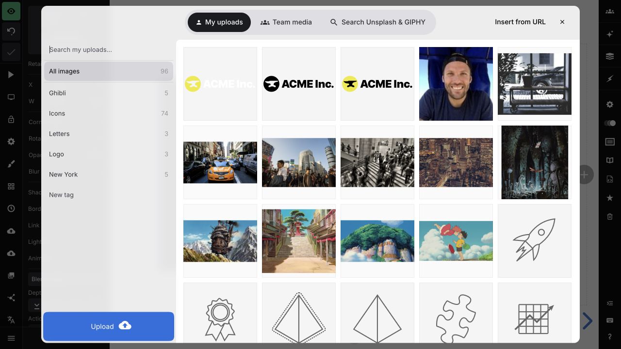 The image media library showing uploads, team media, stock search, and URL options