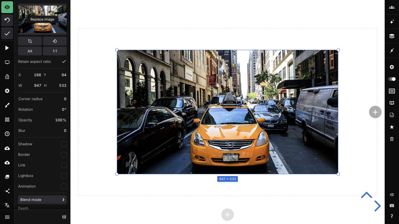 A selected image block with crop, rotation, alternative text, sizing, and appearance controls visible