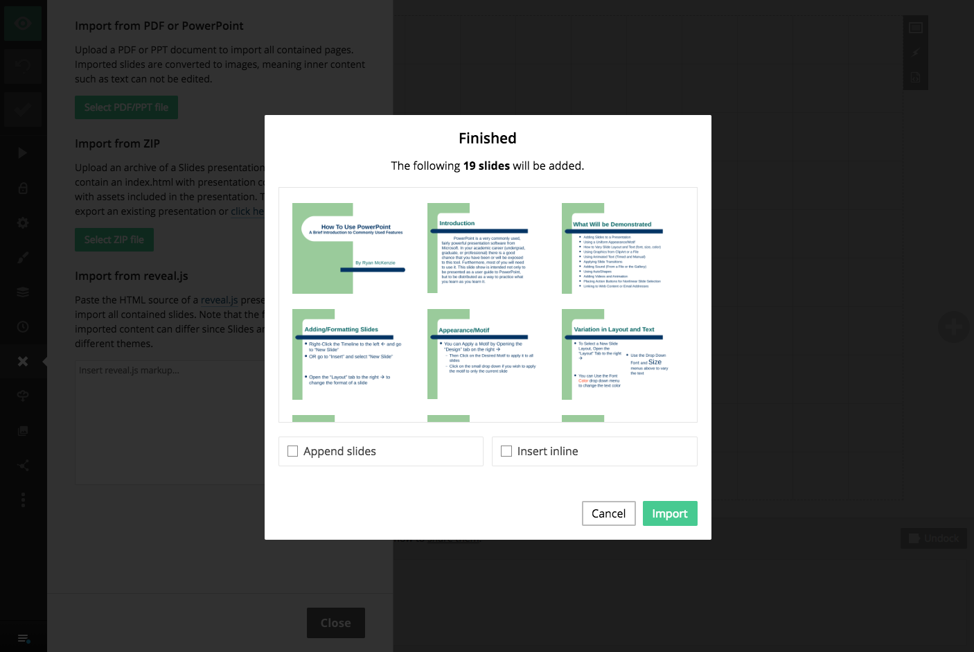 Selecting slides and append options before completing an import
