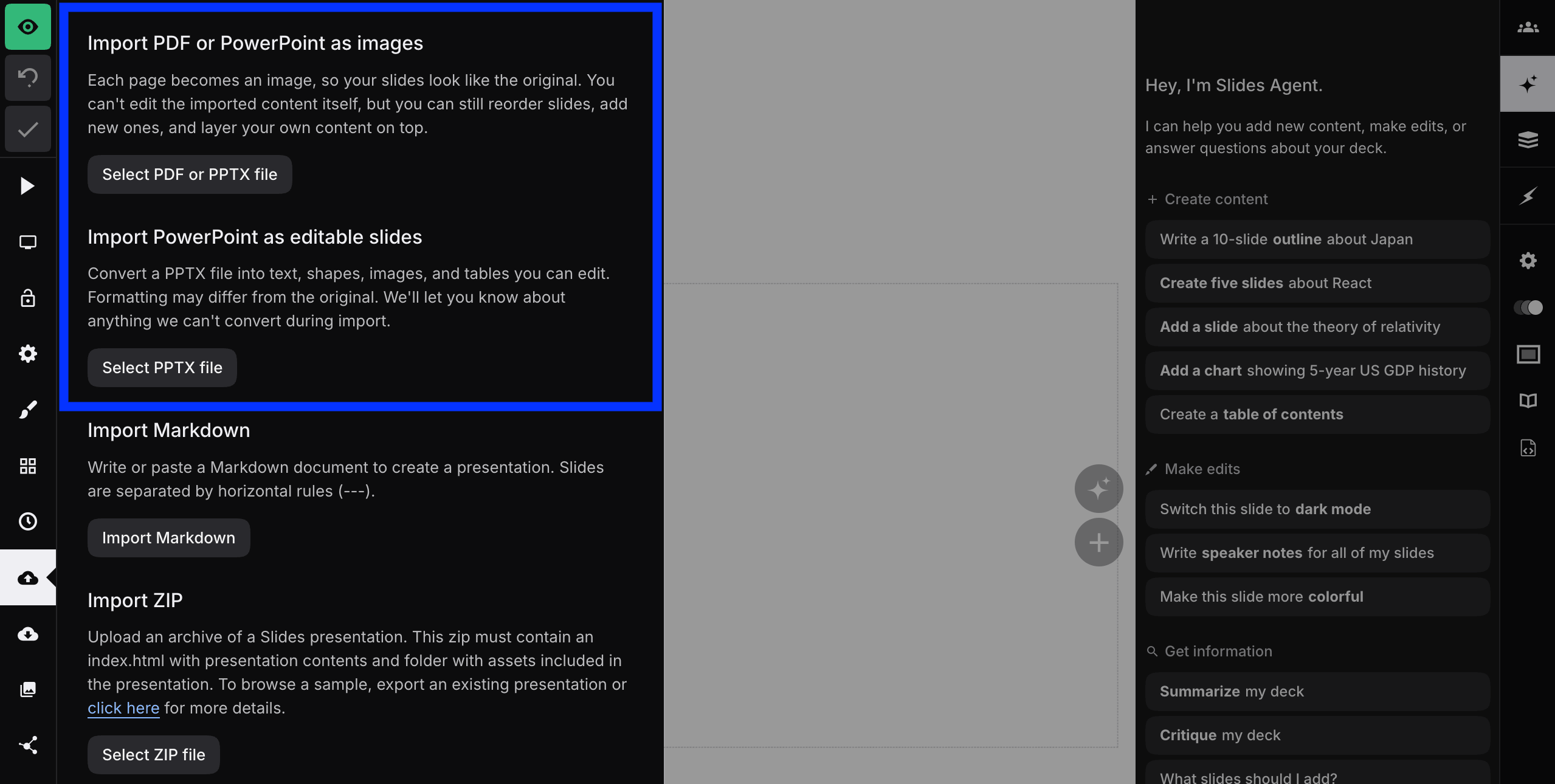 Import panel showing options to import PDF or PowerPoint as images or PowerPoint as editable slides