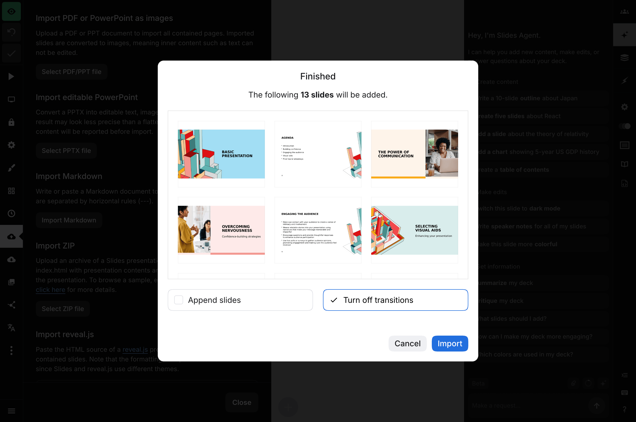 Finished image import preview with slide thumbnails, append slides, and turn off transitions options