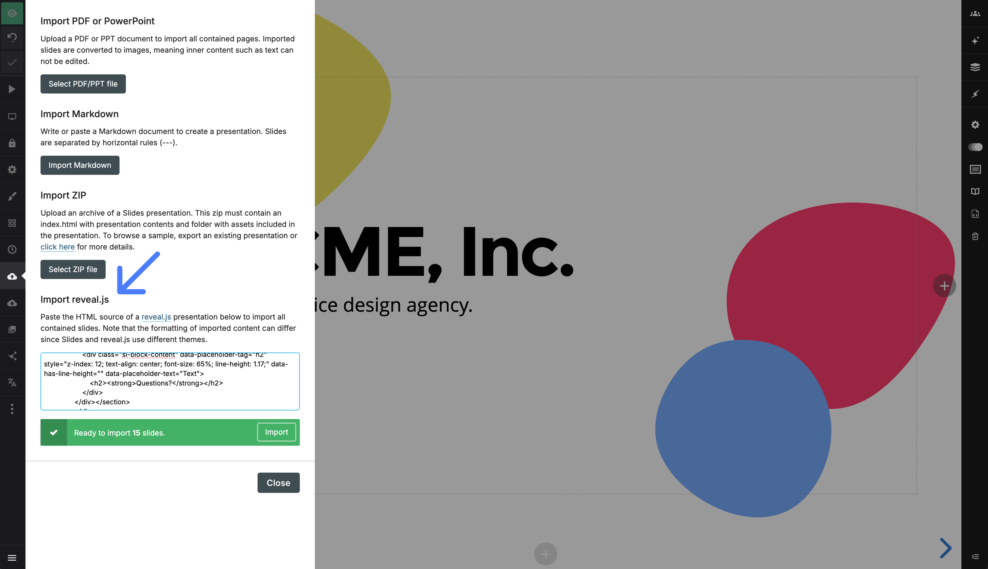 reveal.js source input in the Import panel