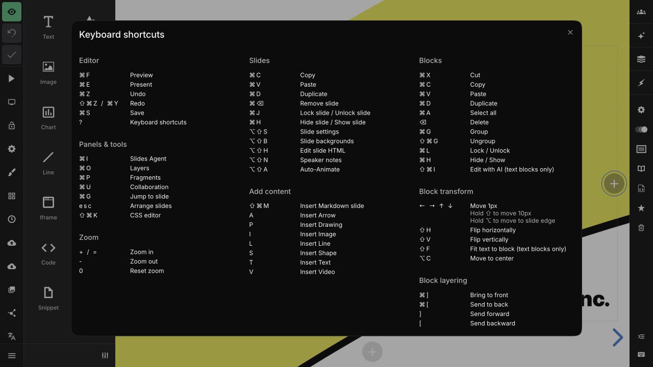 Keyboard shortcuts dialog open in the Slides editor
