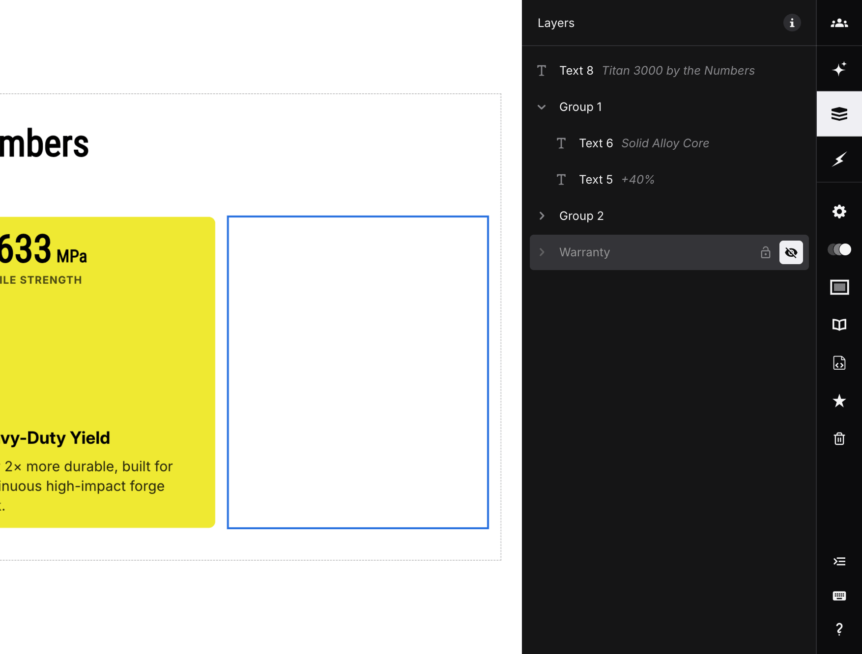 The hidden Warranty group with lock and visibility controls shown in the Layers panel