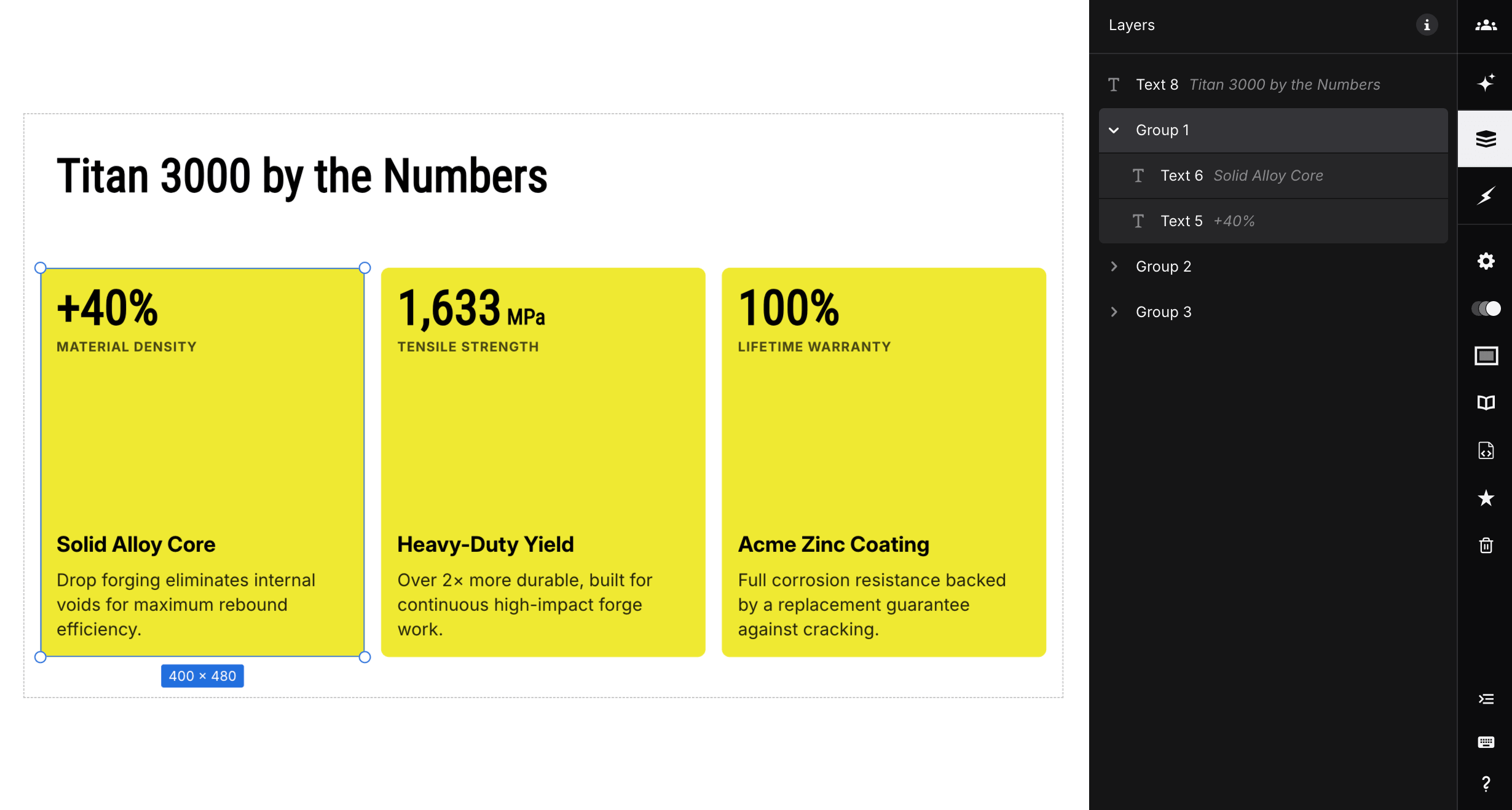 Layers panel with an expanded group selected alongside its content on the slide