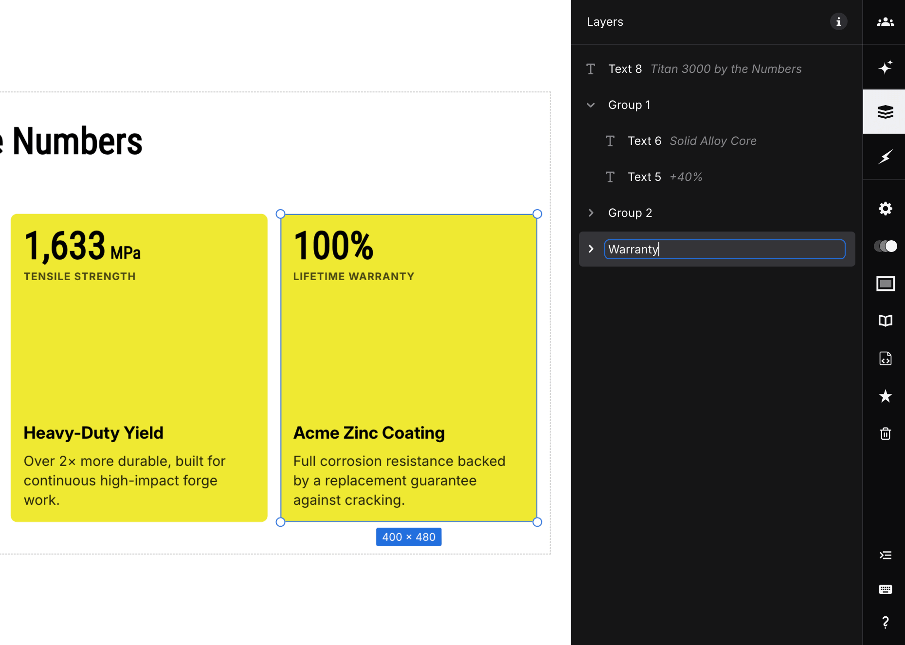 A group being renamed to Warranty in the Layers panel