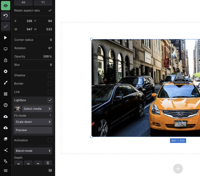 A closer view of the Lightbox media, fit mode, and preview controls
