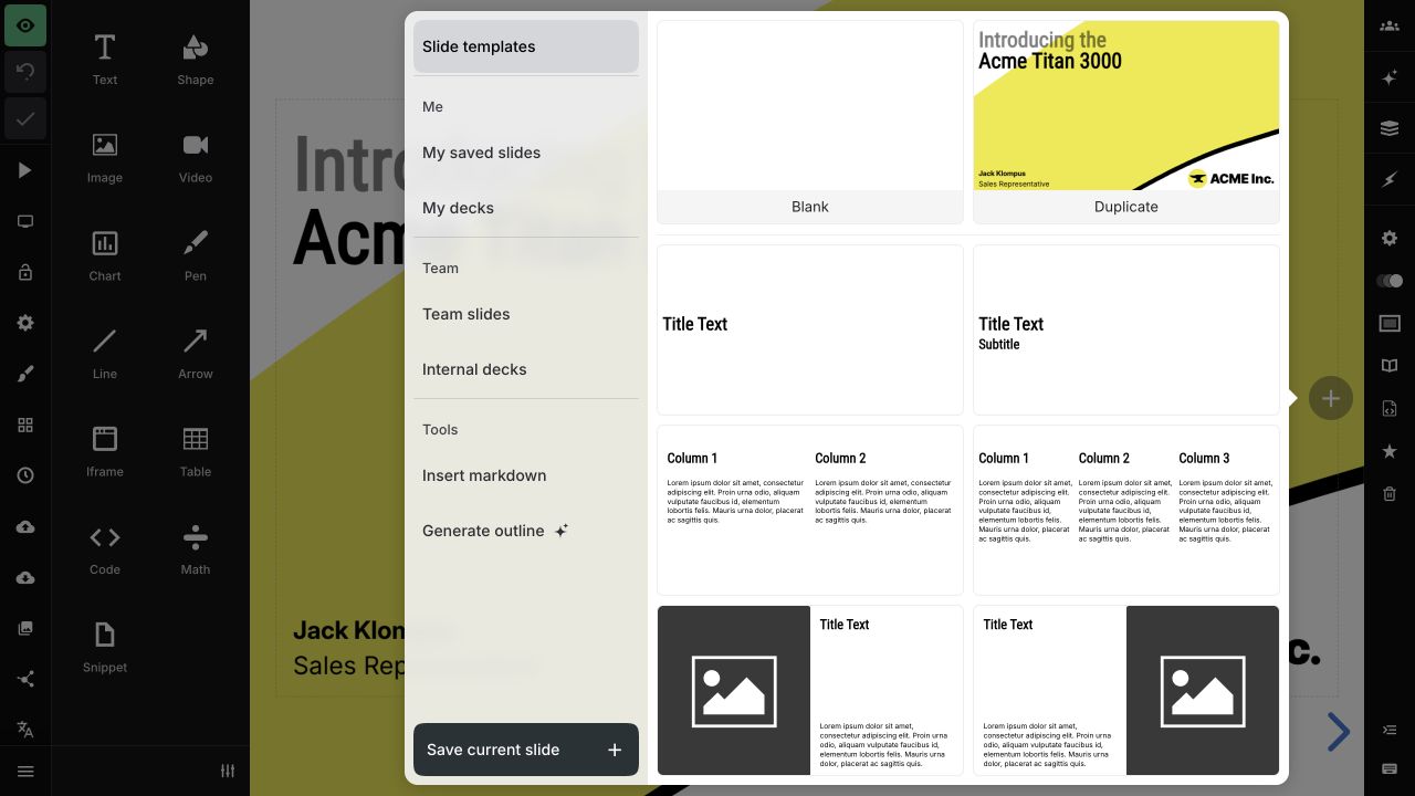 Slide template chooser with Insert markdown under Tools
