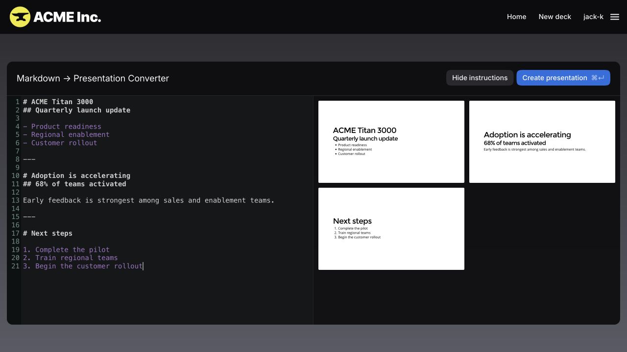 Markdown presentation converter with source text and three slide previews