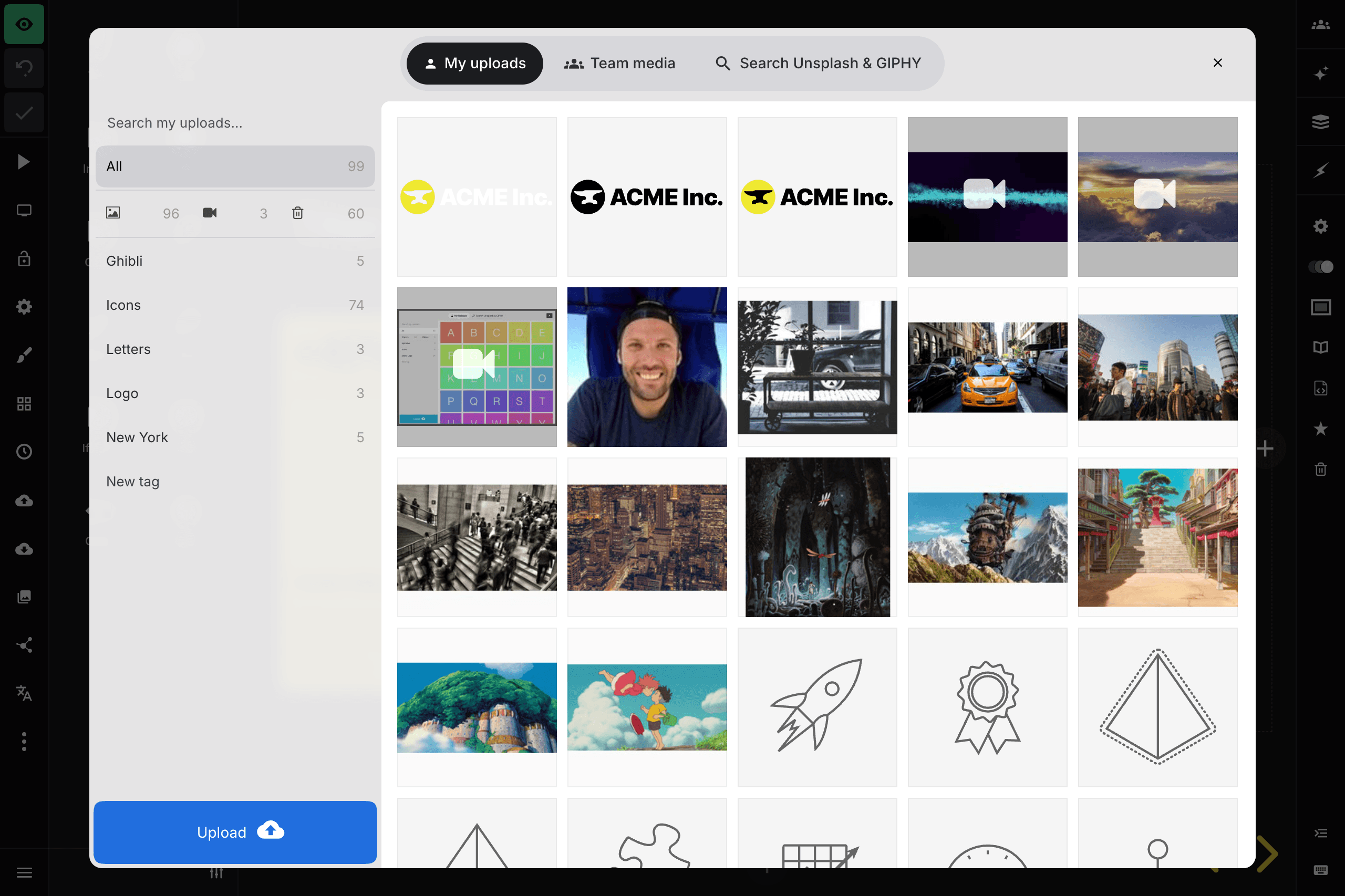 Media library with uploads, tags, and search