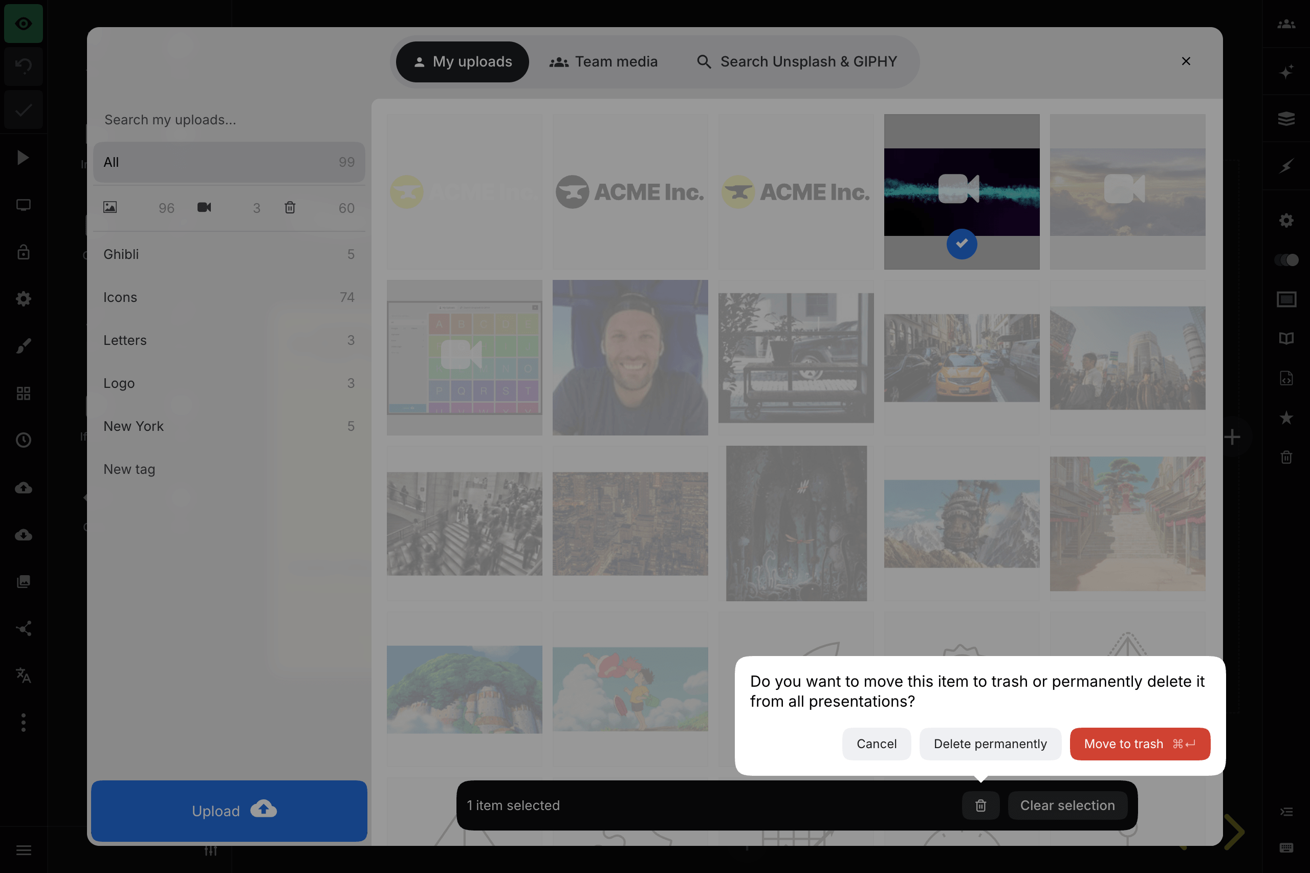 Selecting and deleting an item from the media library