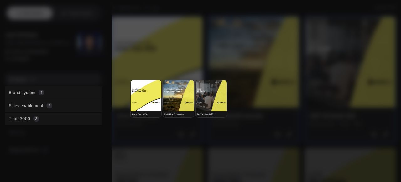 Three selected presentations being dragged toward the profile tags