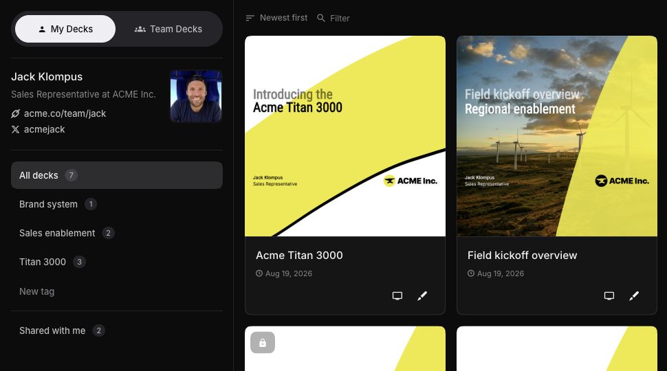 ACME profile with tags in the sidebar beside presentation cards
