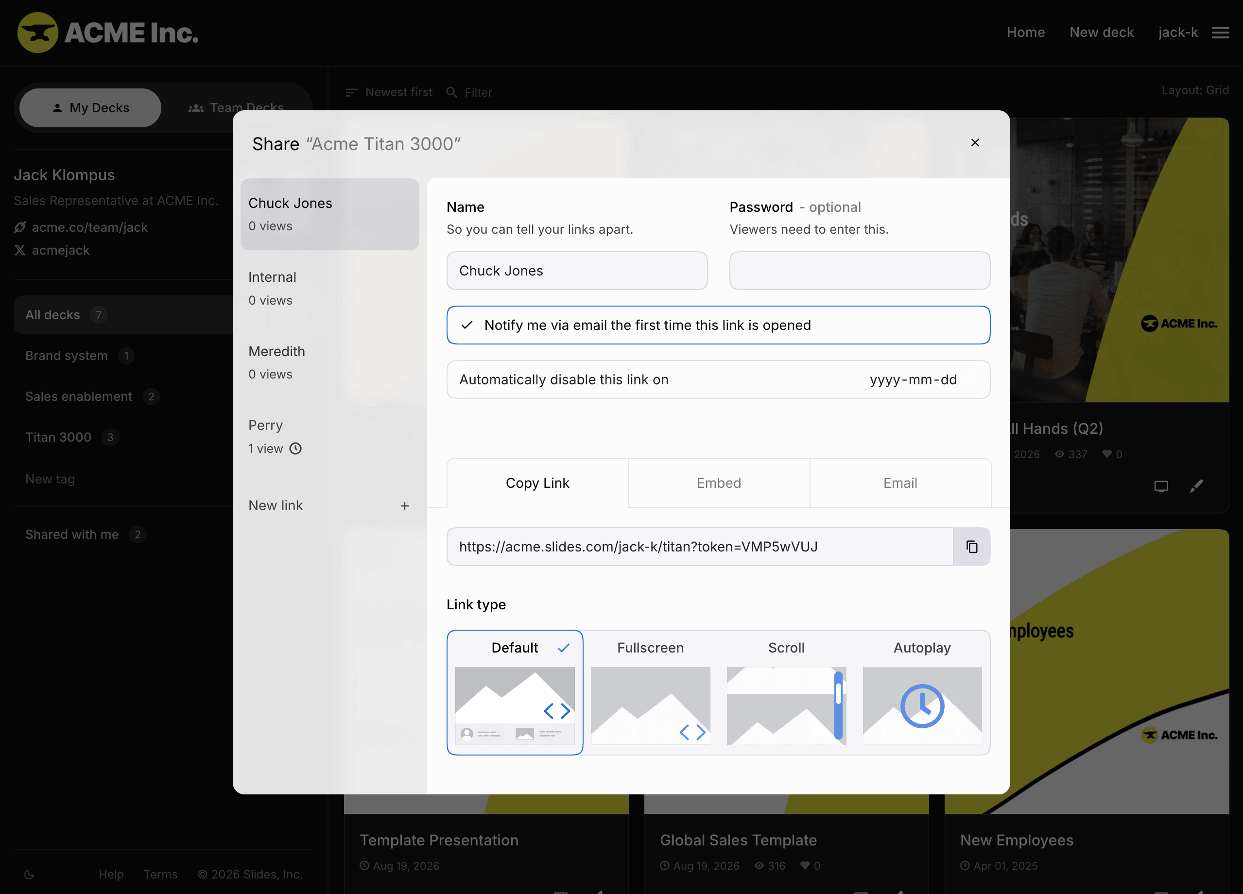 Private sharing dialog with link access and tracking options