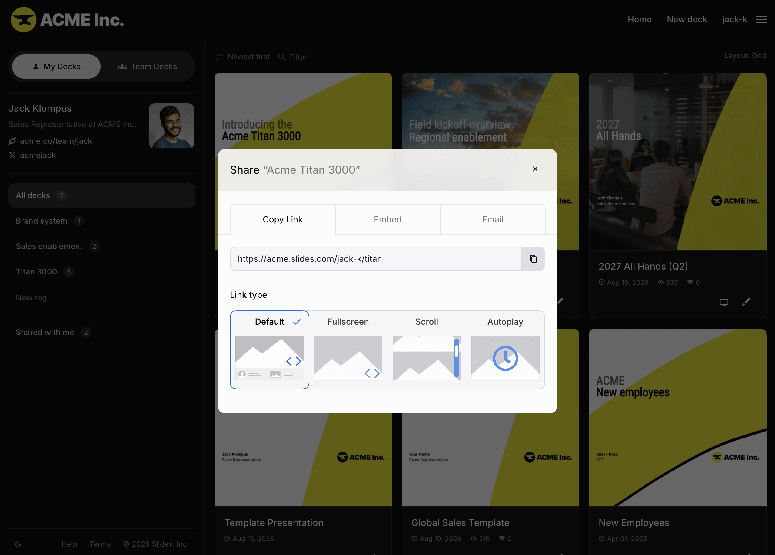 Share dialog with link and presentation mode options