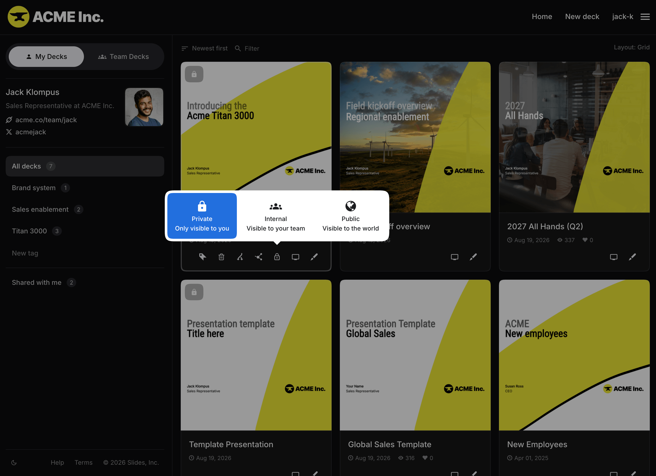 Deck visibility options for Private, Internal, and Public