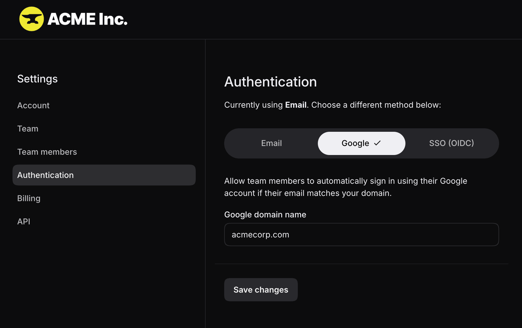 Google sign-in settings for a team domain