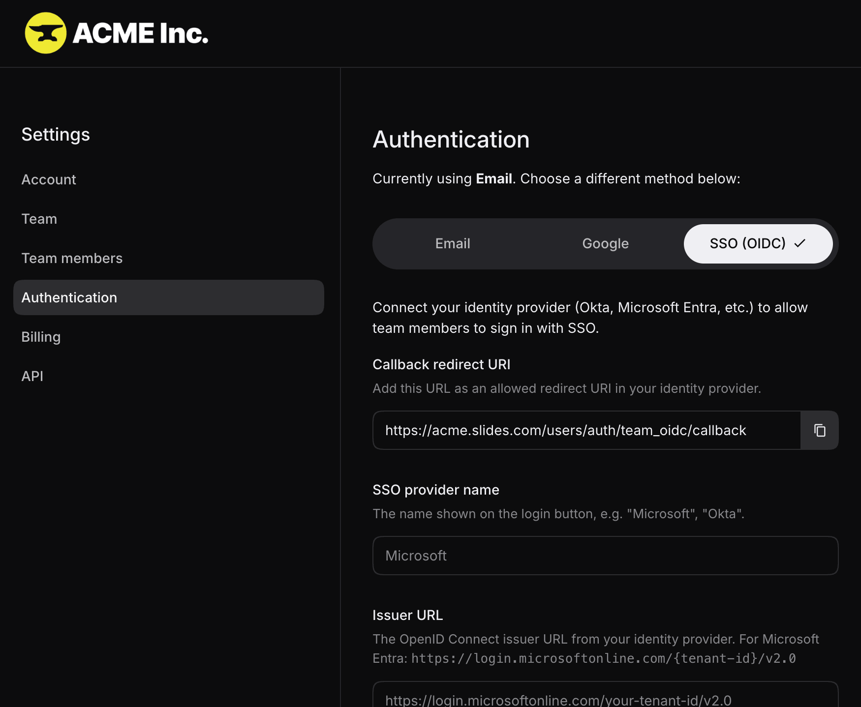 OIDC authentication settings with callback and provider fields