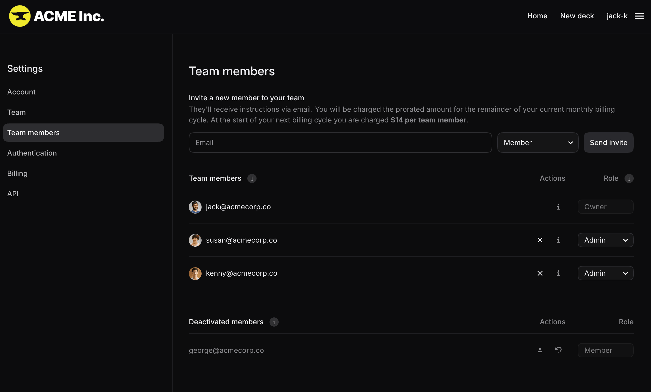 Team member list with invitation, role, and account controls