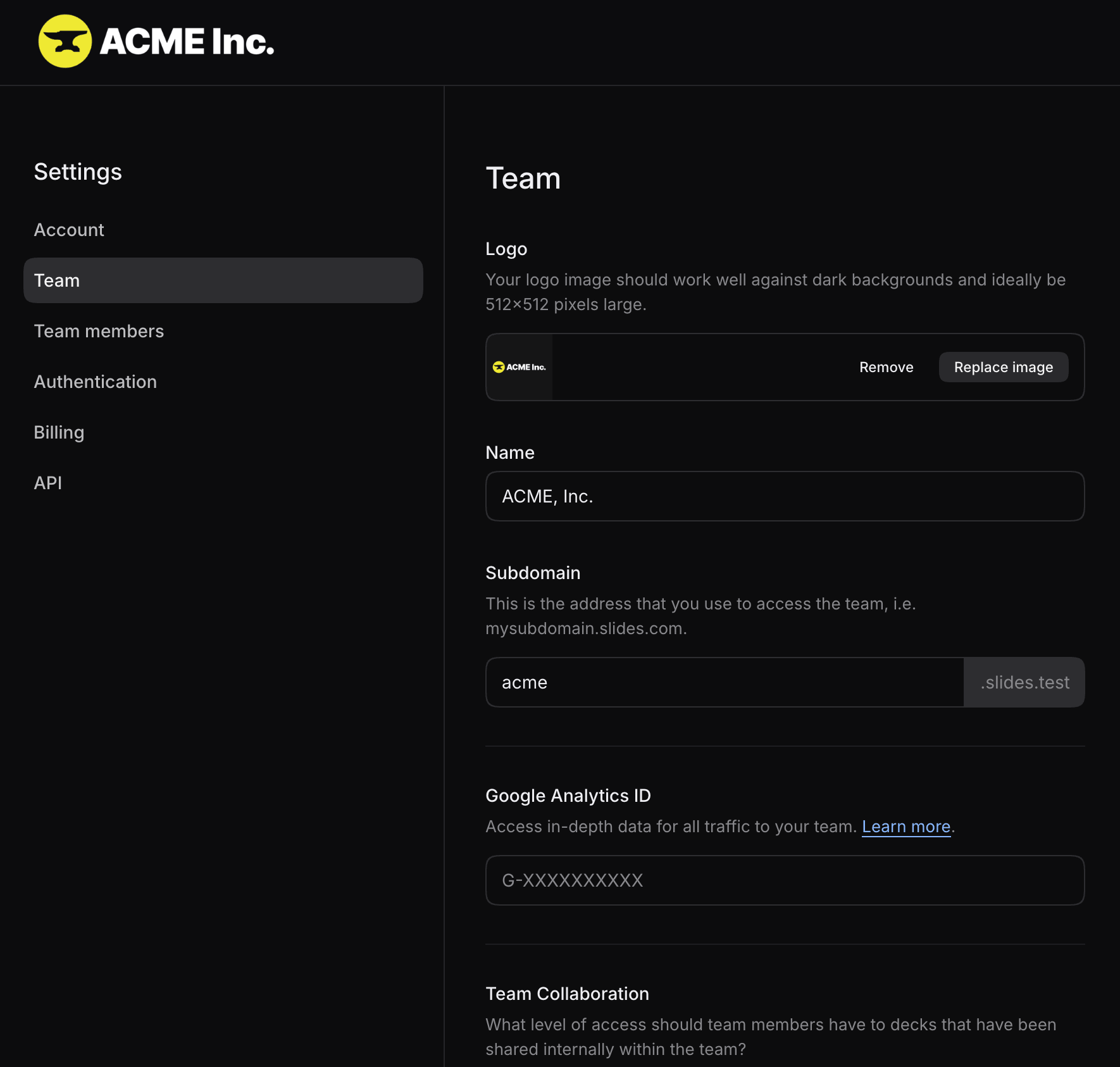 Team settings for the logo, name, subdomain, and analytics